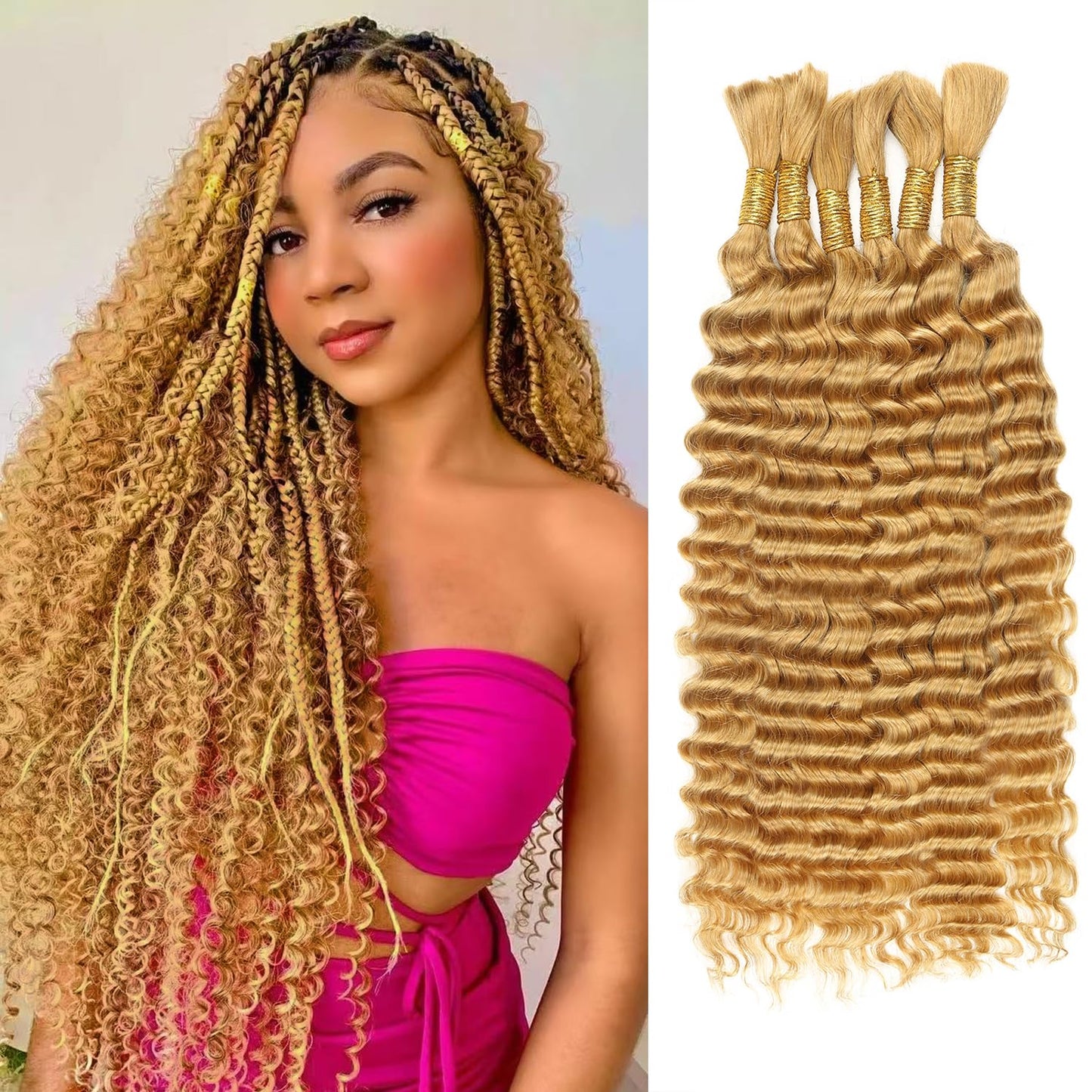 Human Braiding Hair - Ombre Deep Water Wave | 150g 16 Inch Curly Braiding Bundles, 1B/30 Highlights