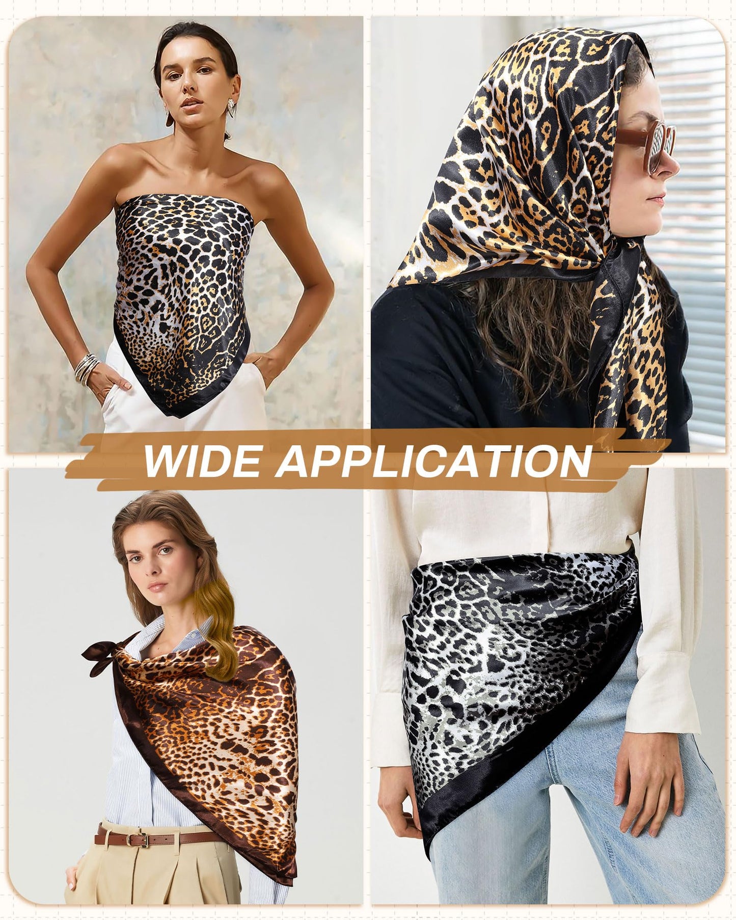Mesovor 35” Square Head Scarf for Women, 3 Pack Like Silk Satin Headscarf Hair Neck Scarf Top Bandanas for Sleeping (Leopard(Black/Yellow/Coffee))