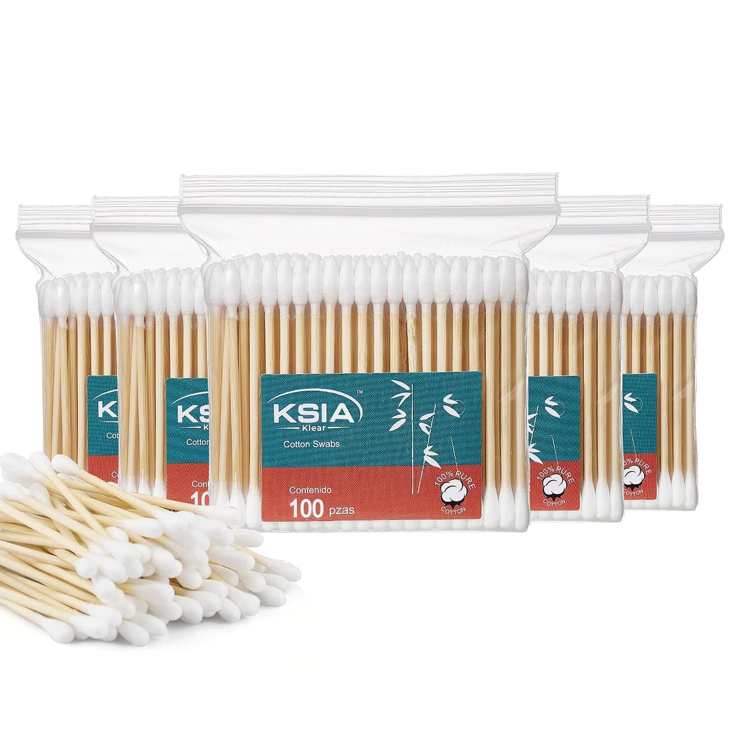 Klear Cotton Swabs - 500 Count Double Tipped Buds for Ears & Makeup | Strong Wooden Sticks, 5 Bags
