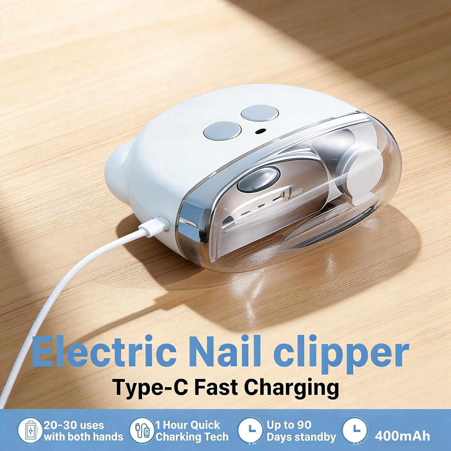 Electric Nail Clippers - Rechargeable Automatic Toenail Trimmer with LED Light & Filer | Ideal for Seniors & Adults (White)