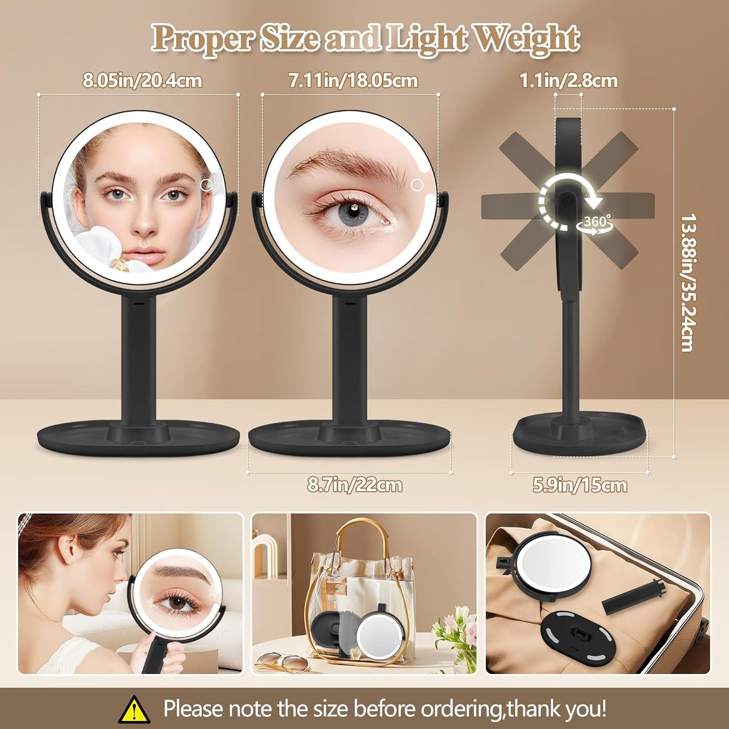 Makeup Mirror with Lights - Double-Sided 1x/20x Magnifying, Rechargeable, 3 Color Options | 360° Rotation, Black