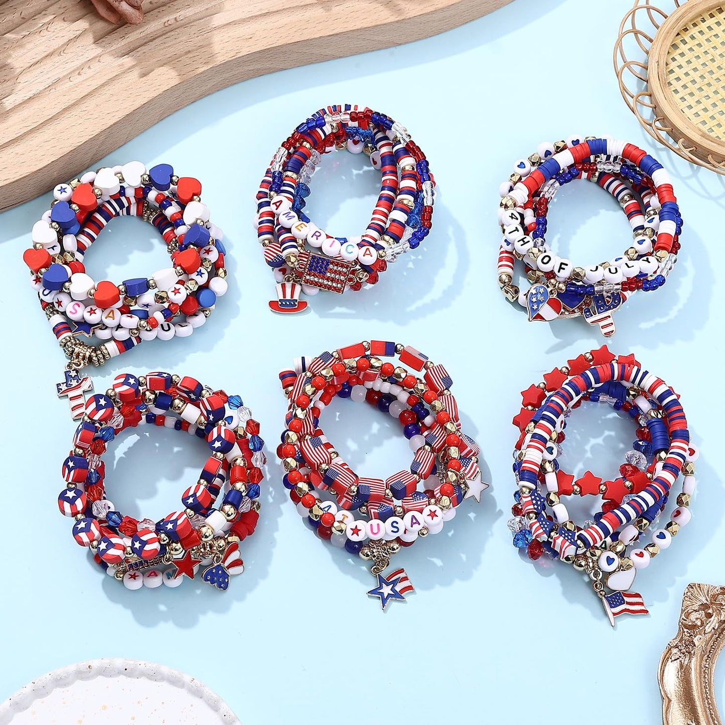 Cooluckday 36 Pcs 4th of July Bracelets USA Flag Bracelets for Women Independence Day Patriotic Surfer Heishi Bracelets for Women Stackable Vinyl Disc Beaded Stretch Bracelets Elastic Layering Independence Day Party Favors