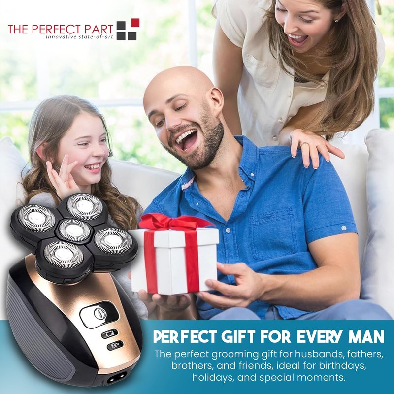 The Perfect Part 5-in-1 Rotary Electric Razor Bald Head Shaver | 4D Rechargeable and Cordless Beard Trimmer | Includes Skull Shaver, Clippers, Nose Hair Trimmer, Face Scrubber & Facial Cleansing Brush