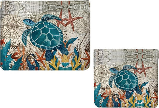 Makeup Bag Set - 2 PCS PU Leather Cosmetic Organizer | Portable Self-Closing Pouch for Women - Sea Turtle Design
