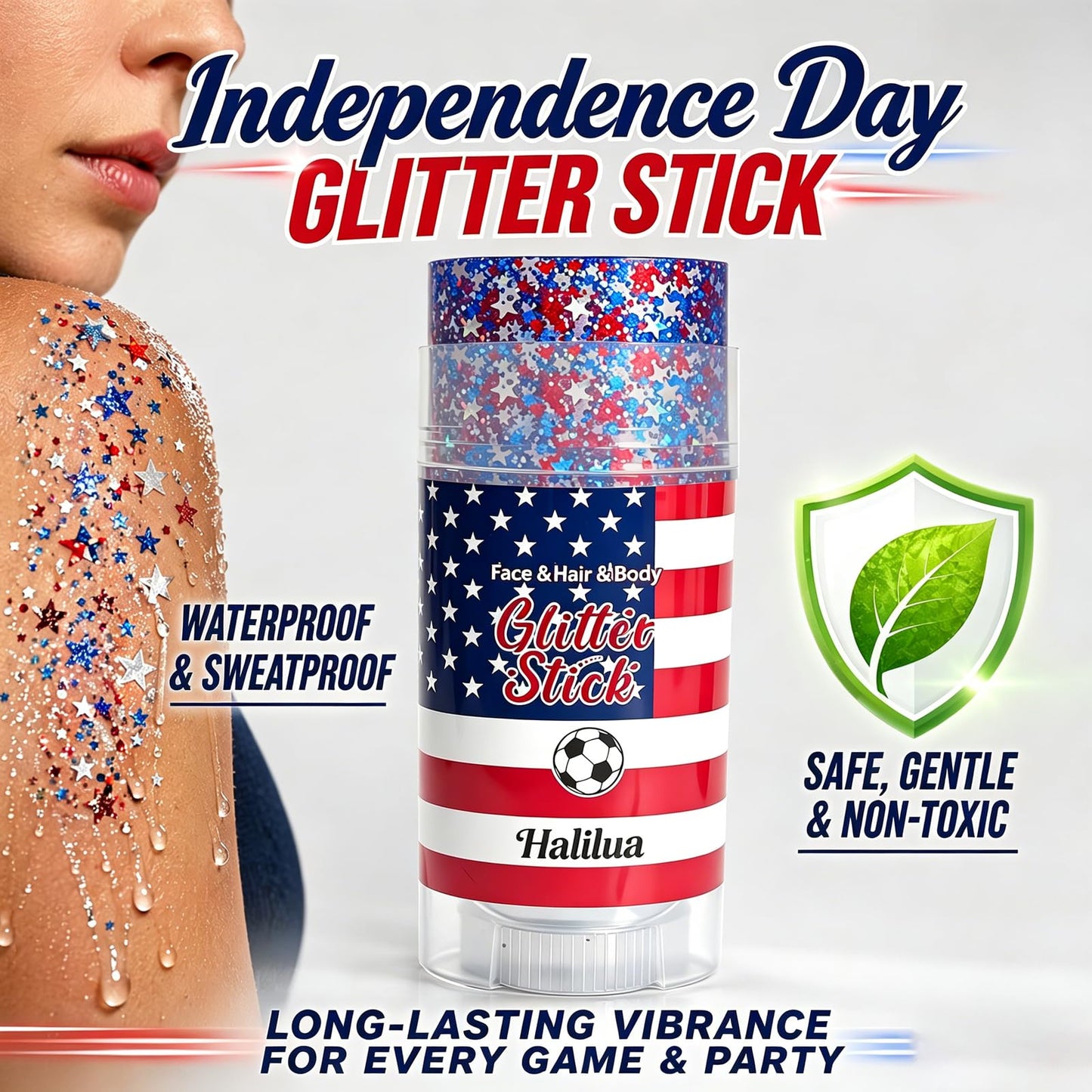 4th of July Glitter Stick, Patriotic Face Hair Glitter, 4th of July Outfits and 250th Anniversary Accessories, Waterproof Face Glitter, Fourth of July Red White and Blue Glitter for Women and Kids