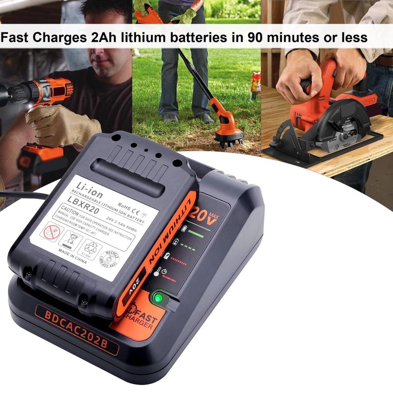 20V Fast Charger Compatible with Black and Decker 20V 12V Max Lithium Battery LBXR20 LBX4020 LBXR2020, BDCAC202B 20Volt 2A Lithium Charger Compatible with Black and Decker Drill Battery
