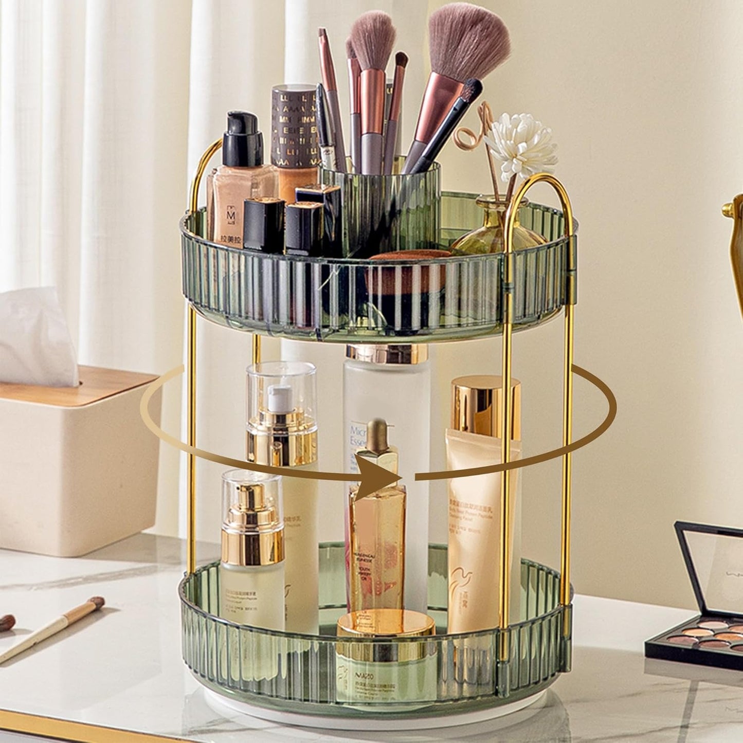Rotating Makeup Organizer - 3 Tier Clear Cosmetic Holder for Vanity | Grey Perfume & Skincare Storage