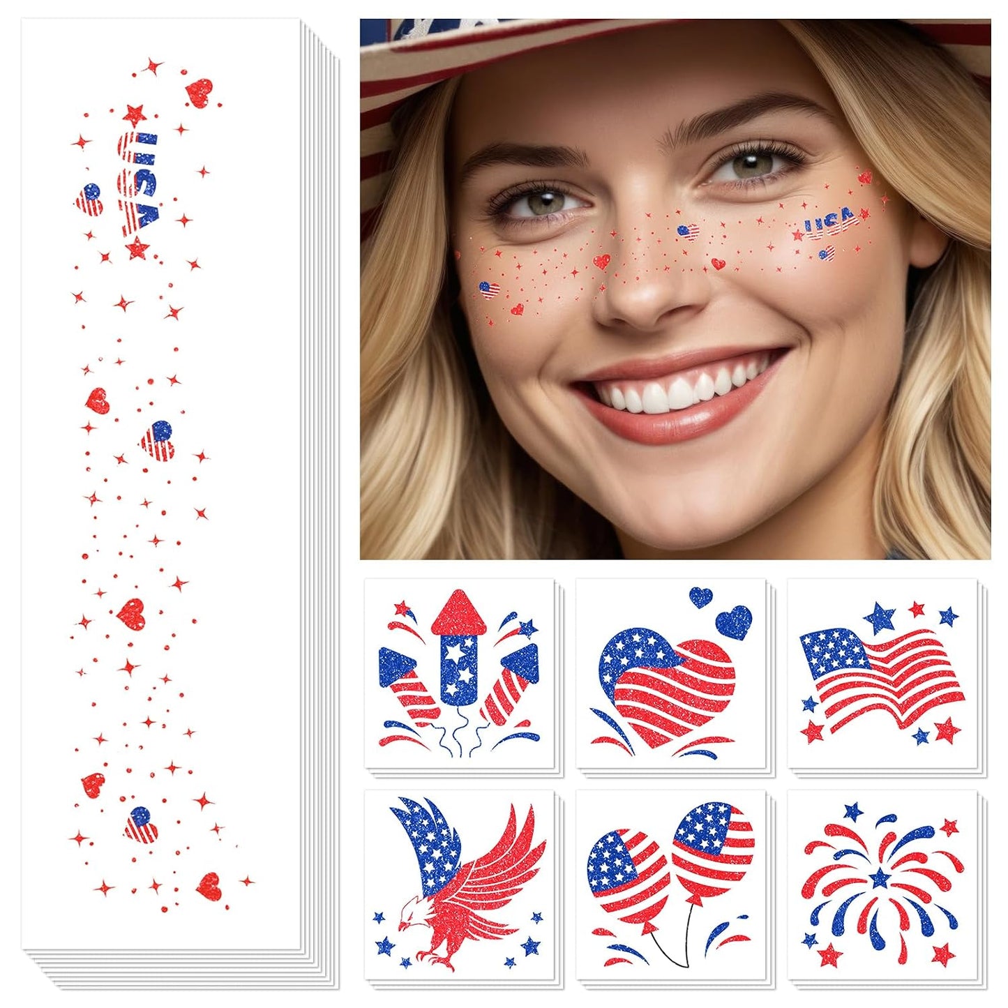 4th of July Face Tattoos - 40 Pcs Glitter Freckles with American Flag | Red, White & Blue Makeup Kit for Independence Day Celebrations