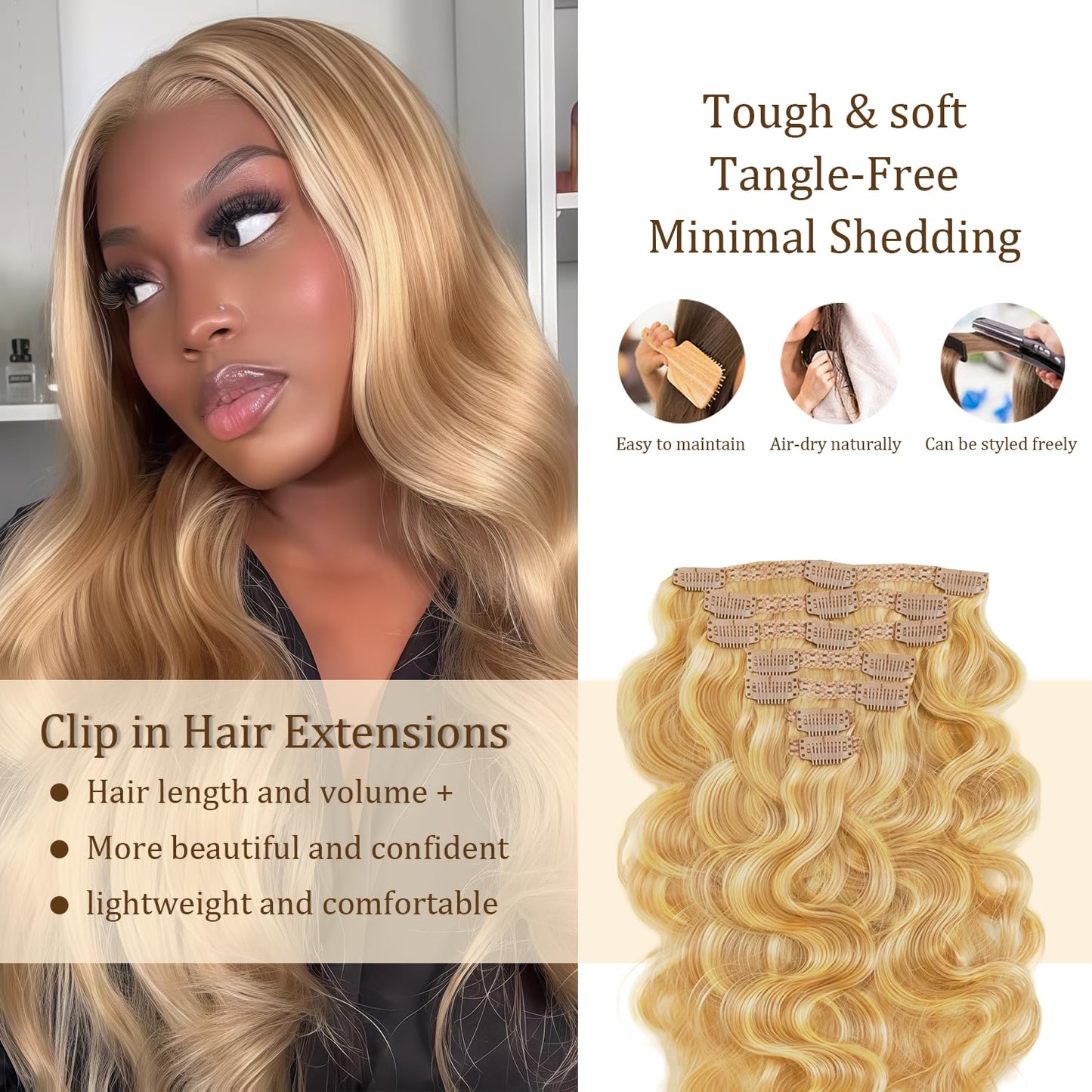 P27613 Blonde Clip in Hair Extensions Real Human Hair, 16 Inch 120g/7Pcs,Full Shine Remy Human Hair,Honey Blonde Body Wave Clip ins Brazilian Virgin Human Hair Extensions