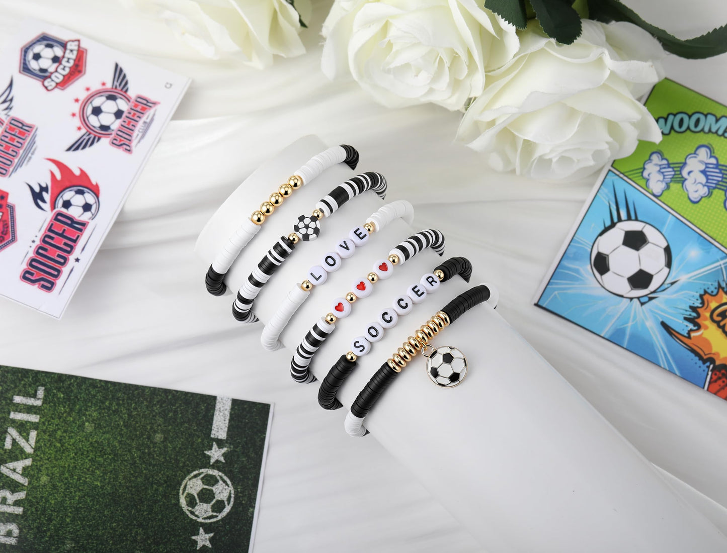 Poasrelax World Soccer Game-day Cup Bracelet Stack Set 7pcs Softball/Baseball/Basketball/Soccer/Volleyball/Tennis/Football Stretch Sports Fans Jewelry Sports Beaded Bracelets with Charms