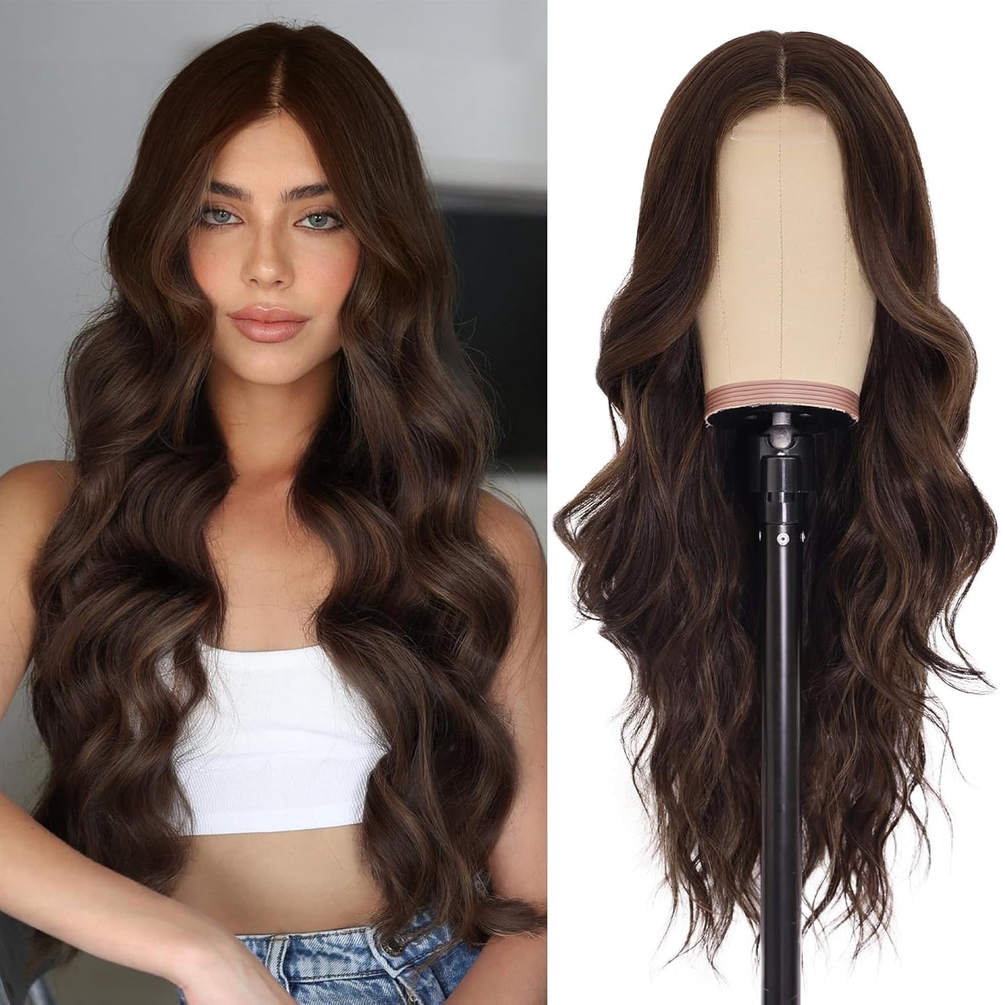NAYOO Brown Wigs for Women - Long Curly Wavy Hair | Heat Resistant Synthetic Fiber, 24 Inches