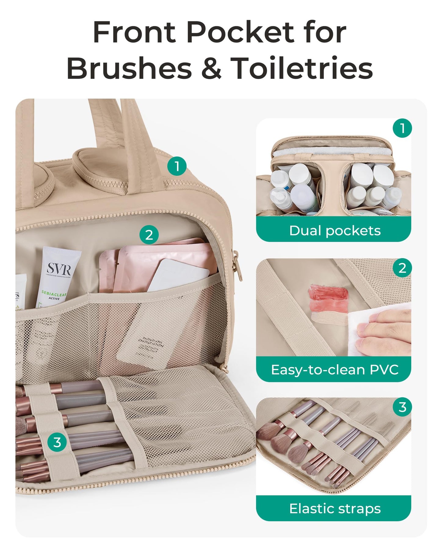BAGSMART Travel Toiletry Bag, Puffy Toiletry Bag for Women, Wide-open toiletry bags for traveling, Large Travel Cosmetic Makeup Bag Organizer for Accessories,Toiletrie (Khaki)