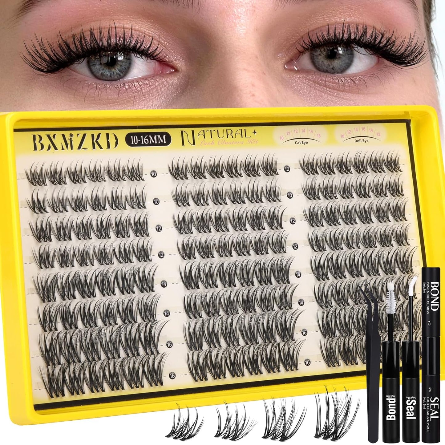 Natural Lash Clusters Kit - Wispy Eyelash Extensions with Invisible Band | 10-16mm C Curl, DIY Set with Bond & Tweezers