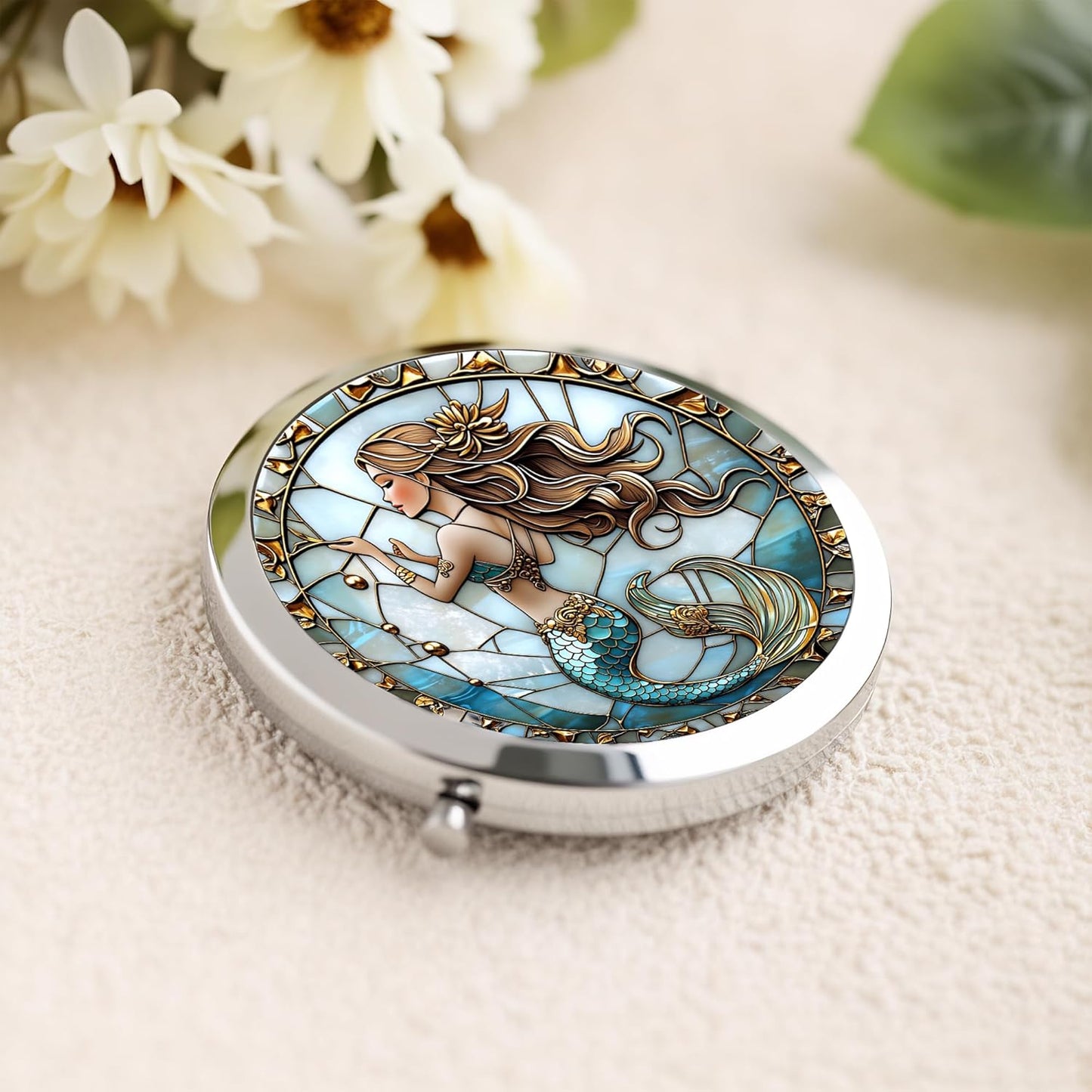 Double-Sided Silver Compact Mirror - 2.8x2.8 Inch Mermaid Design | Perfect Gift for Women