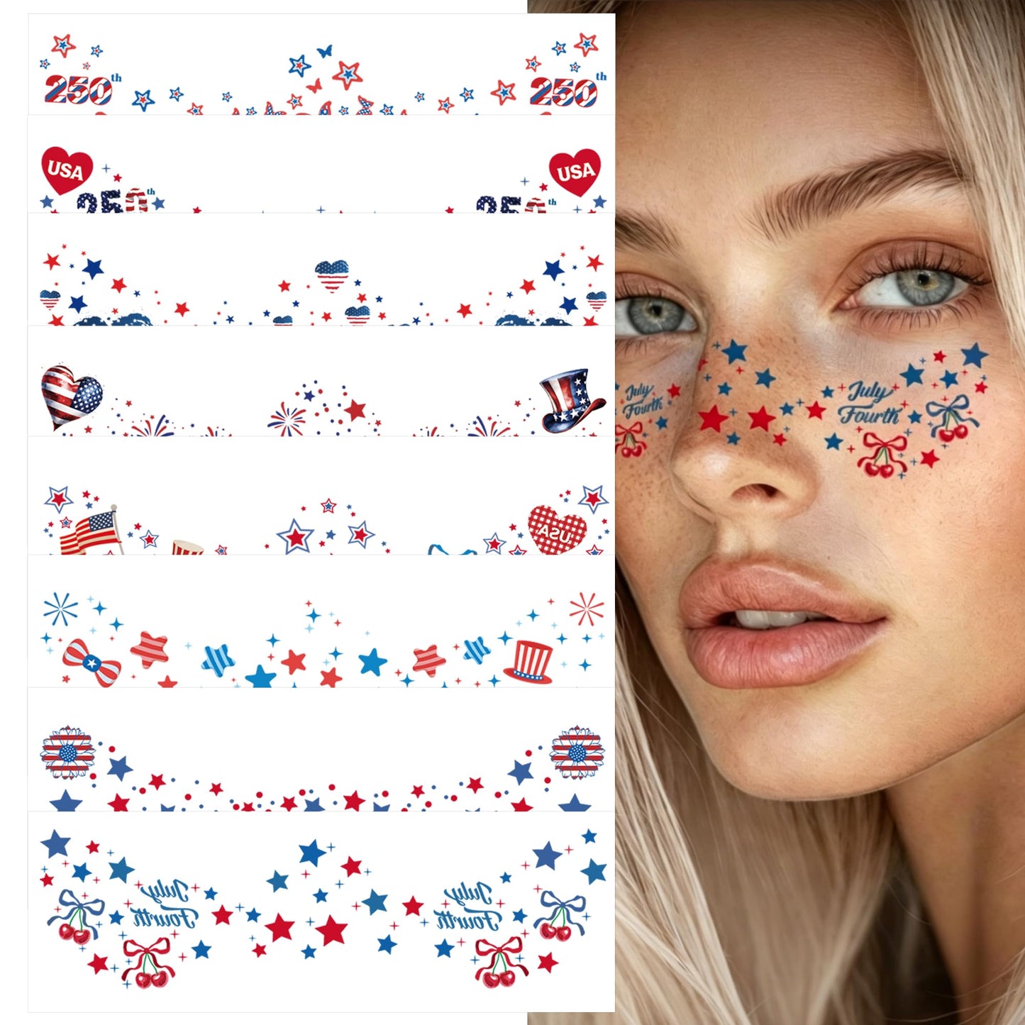 4th of July Freckles Tattoos Temporary, 250 Anniversary USA Decorations, Fourth of July Outfit Women Kids, America Red White and Blue Accessories Patriotic Party Favors Supplies for Independence Day