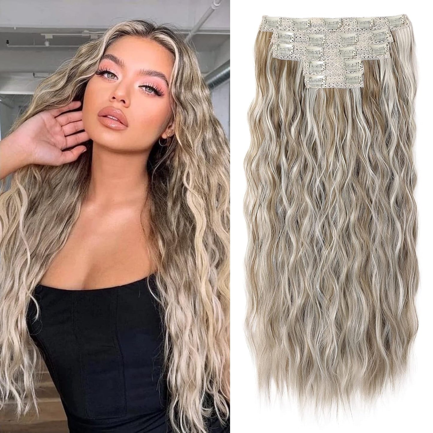 Blonde Clip-In Hair Extensions - 24" Thick Loose Waves | Natural Soft Hairpieces for Women - Platinum Blonde