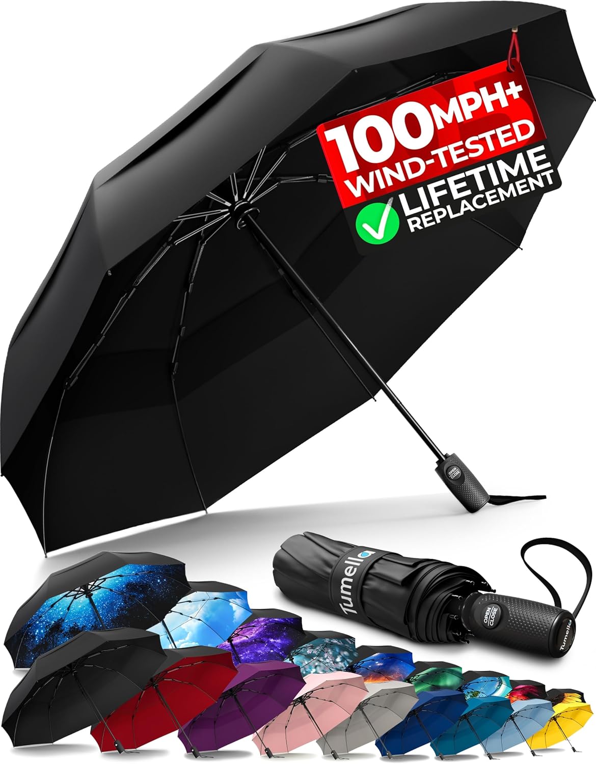 Strongest Windproof Travel Umbrella - Compact, 100MPH Tested | Lightweight, Automatic Folding, One-Handed Use