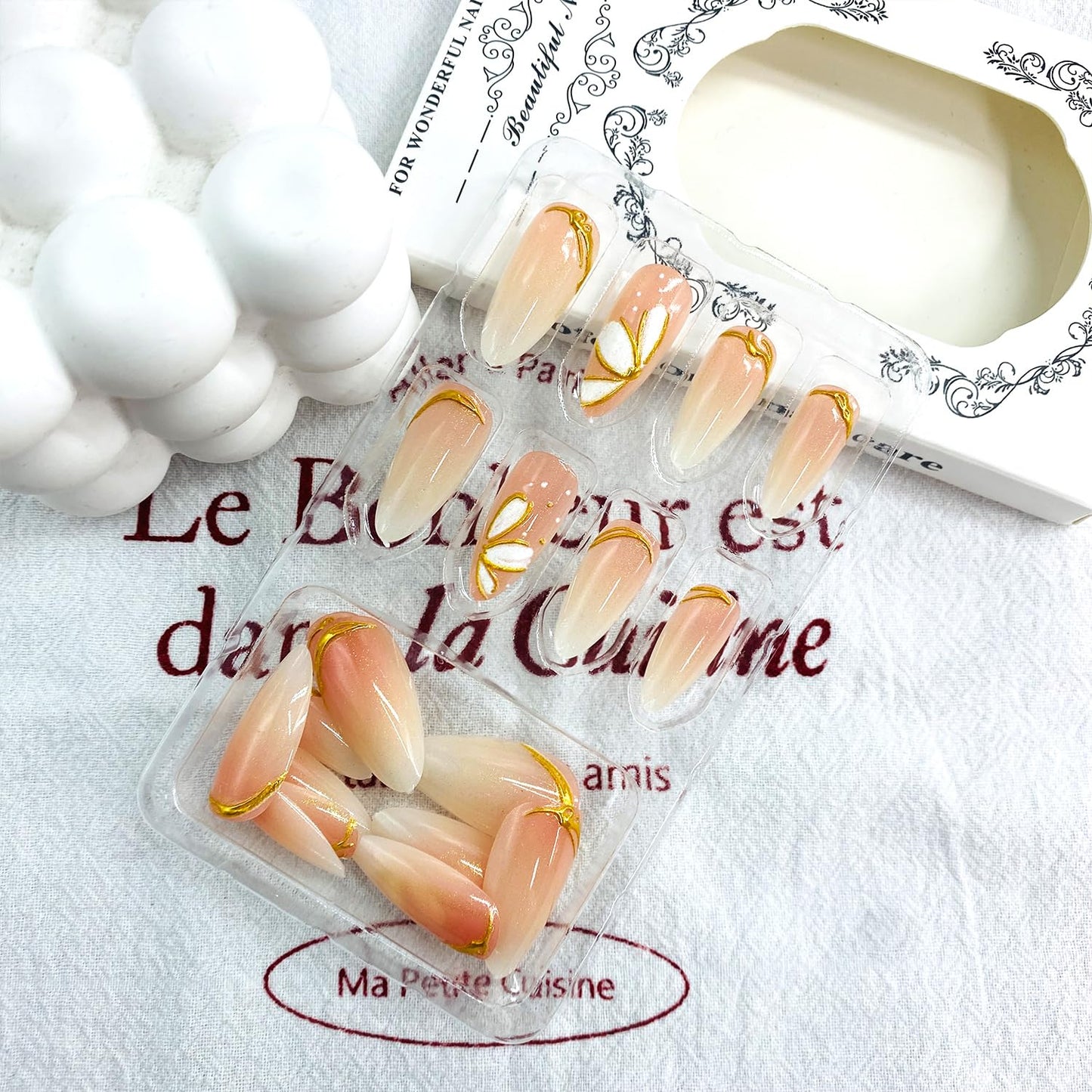 Flower Press On Nails - Medium Almond False Nails with White Gradient Design | Reusable Glossy Acrylic for Women