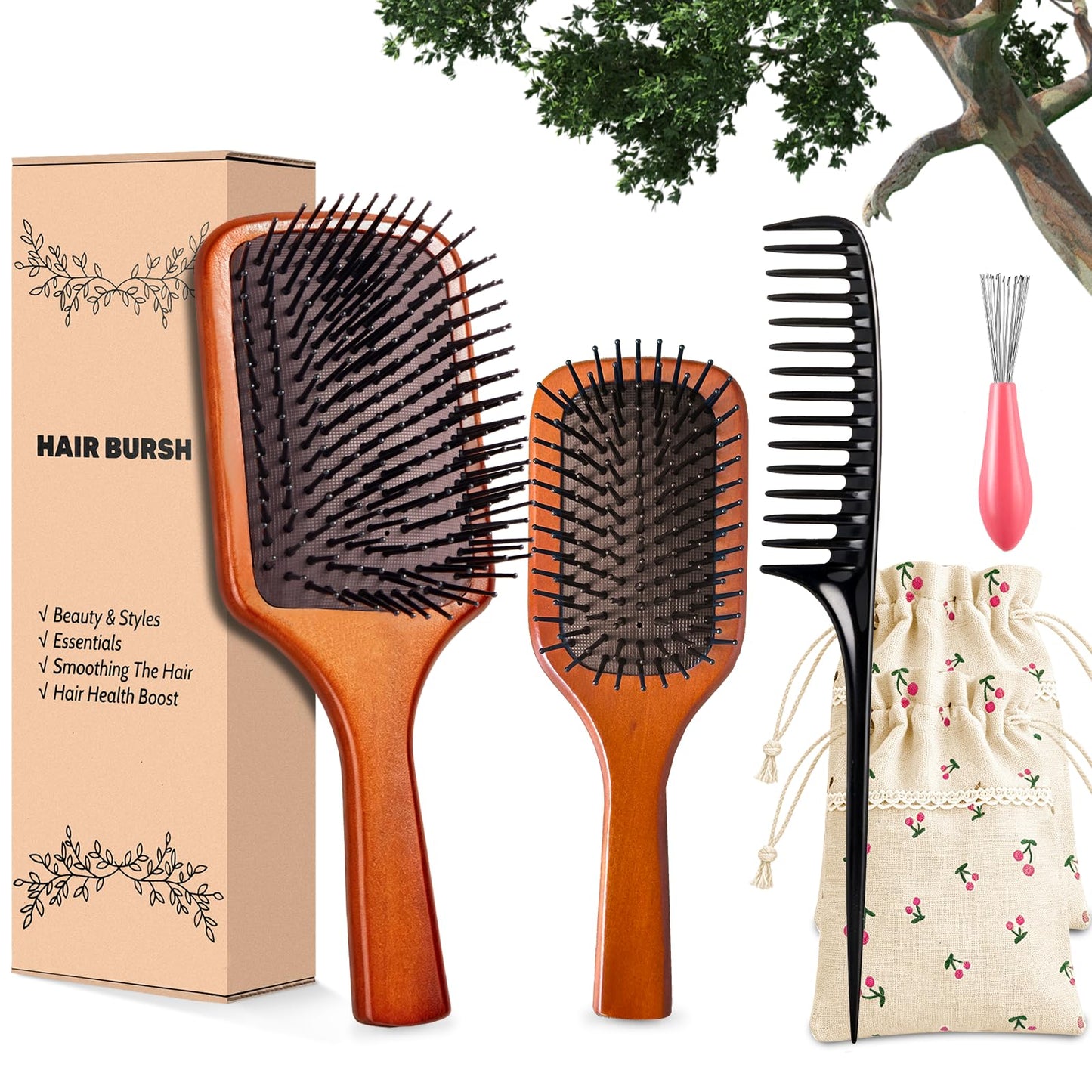 Hair Brush for Women and Men, Wooden Detangling Paddle Brush, Air Cushion Brush for Reducing Hair Breakage, Smoothing Brushes for Curly Straight Hair, Wet or Dry Use - 2 Pcs