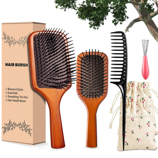 Hair Brush for Women and Men, Wooden Detangling Paddle Brush, Air Cushion Brush for Reducing Hair Breakage, Smoothing Brushes for Curly Straight Hair, Wet or Dry Use - 2 Pcs