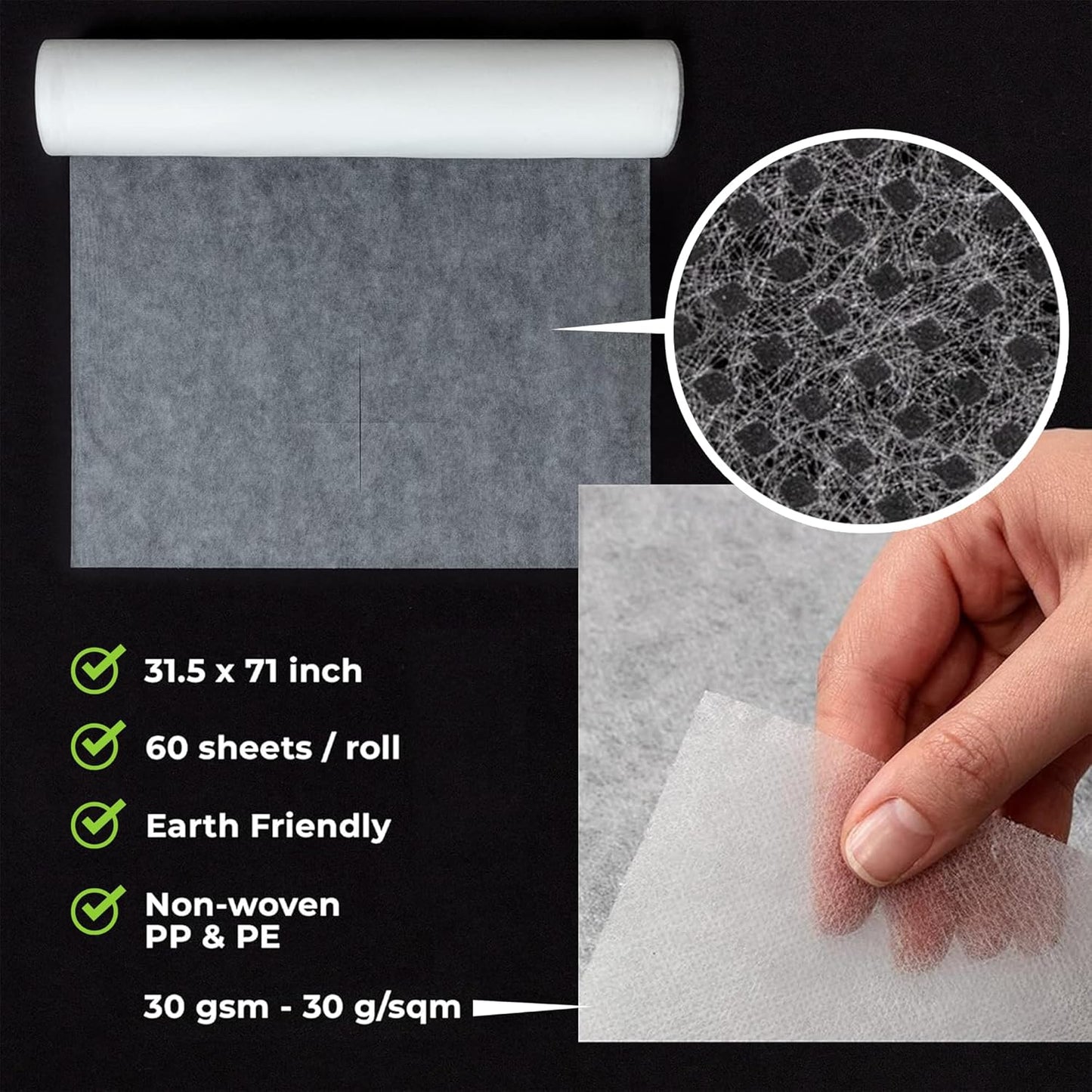 Disposable Massage Bed Cover - Non-Woven, Crinkle-Free Sheets | 31.5 x 71 Inches, 60 Sheets Per Roll