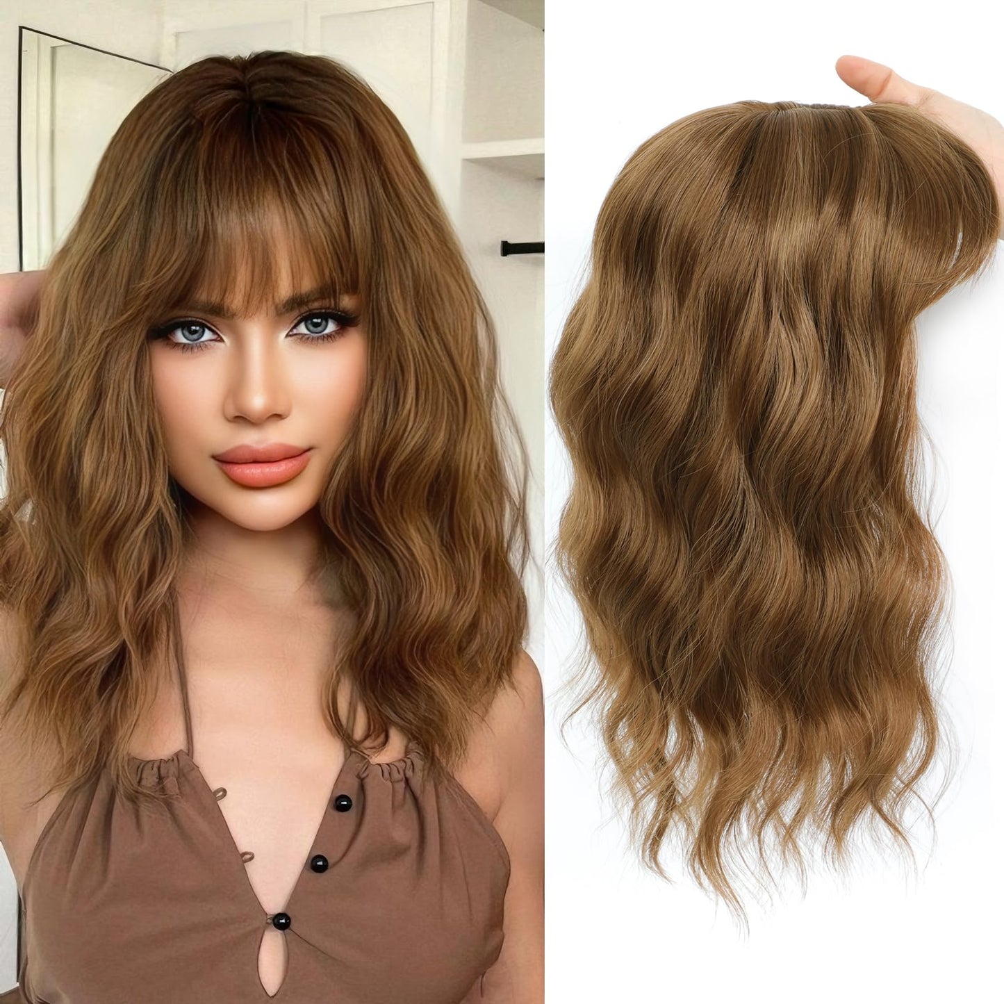 16 Inch Hair Topper for Women with Thinning Hair, Synthetic Curly Wavy Clip-In Topper with Wispy Bangs Natural Looking Crown Coverage Lightweight Hair Piece for Volume(Honey Brown)