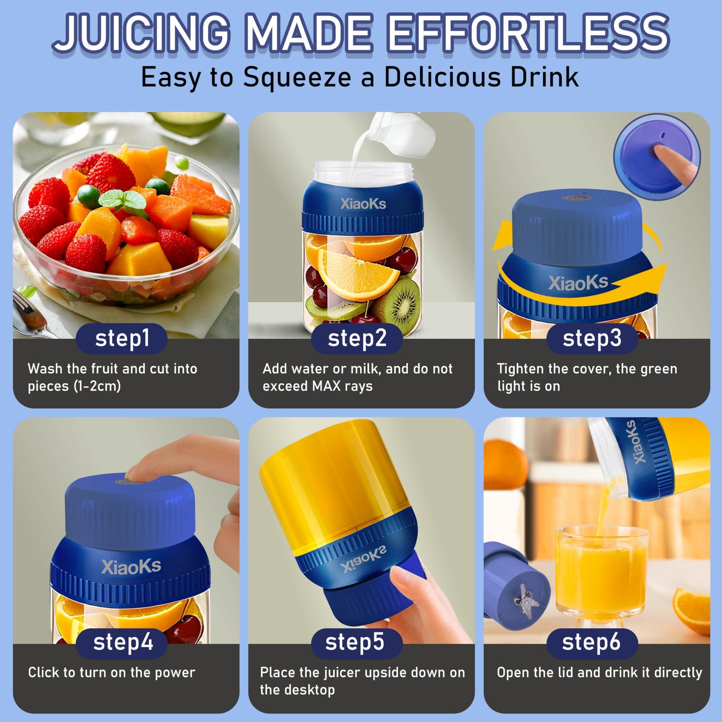 Xiaoks Portable Blender Personal Blenders for Shakes and Smoothies with 43oz Travel Cup, Rechargeable USB with BPA Free Cup and Lid,Small Blenders Cup for Kitchen Office Travel Gym (BLUE)