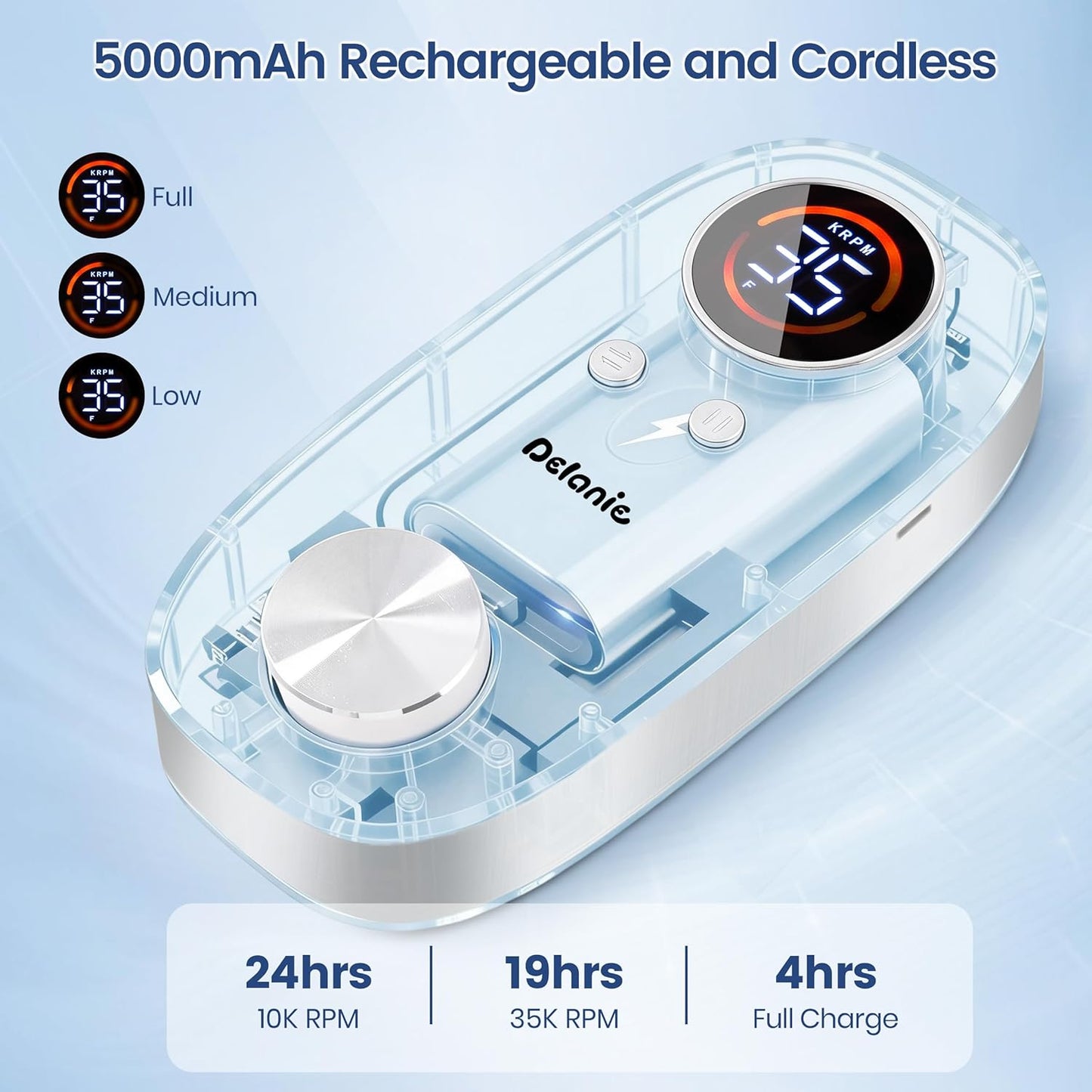 Rechargeable Nail Drill - 35000 RPM Efile for Acrylic & Gel Nails | Portable Electric Manicure & Pedicure Tool, Blue