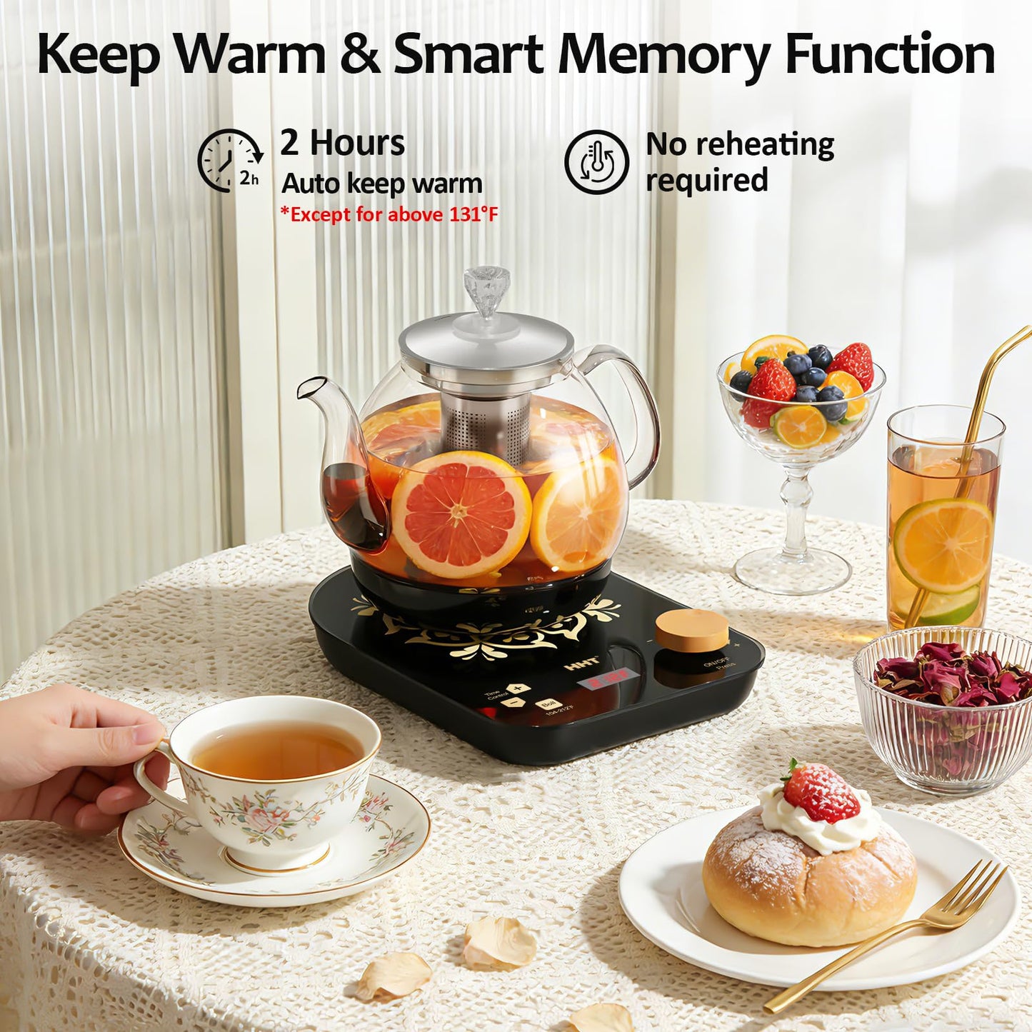 HHT Electric Tea Maker with Infuser, ±1℉ Precise Temperature Control, Glass Electric Kettle for Herbal,Flowers,Fruit Tea and Loose Leaf,BPA-Free,Auto Shut-Off,Brewing Program,Keep Warm,0.8L/27oz Black