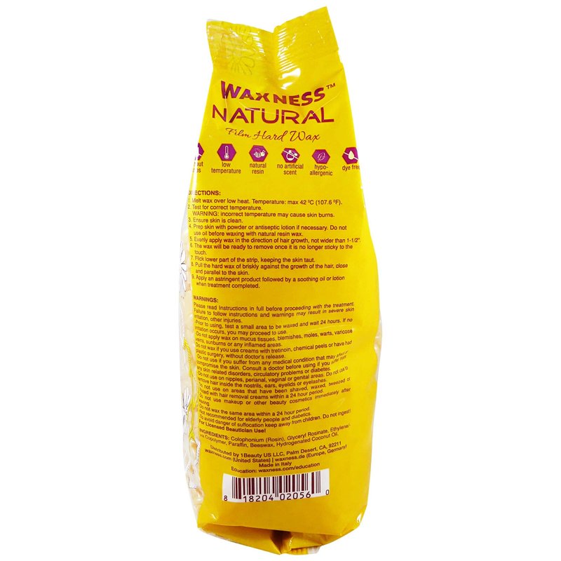 Waxness Film Hard Wax Beads Natural 2.2 lb (1 kg) – Stripless Professional Hard Wax for Face & Body, Smooth Application, Suitable for Sensitive Skin – Made in Italy