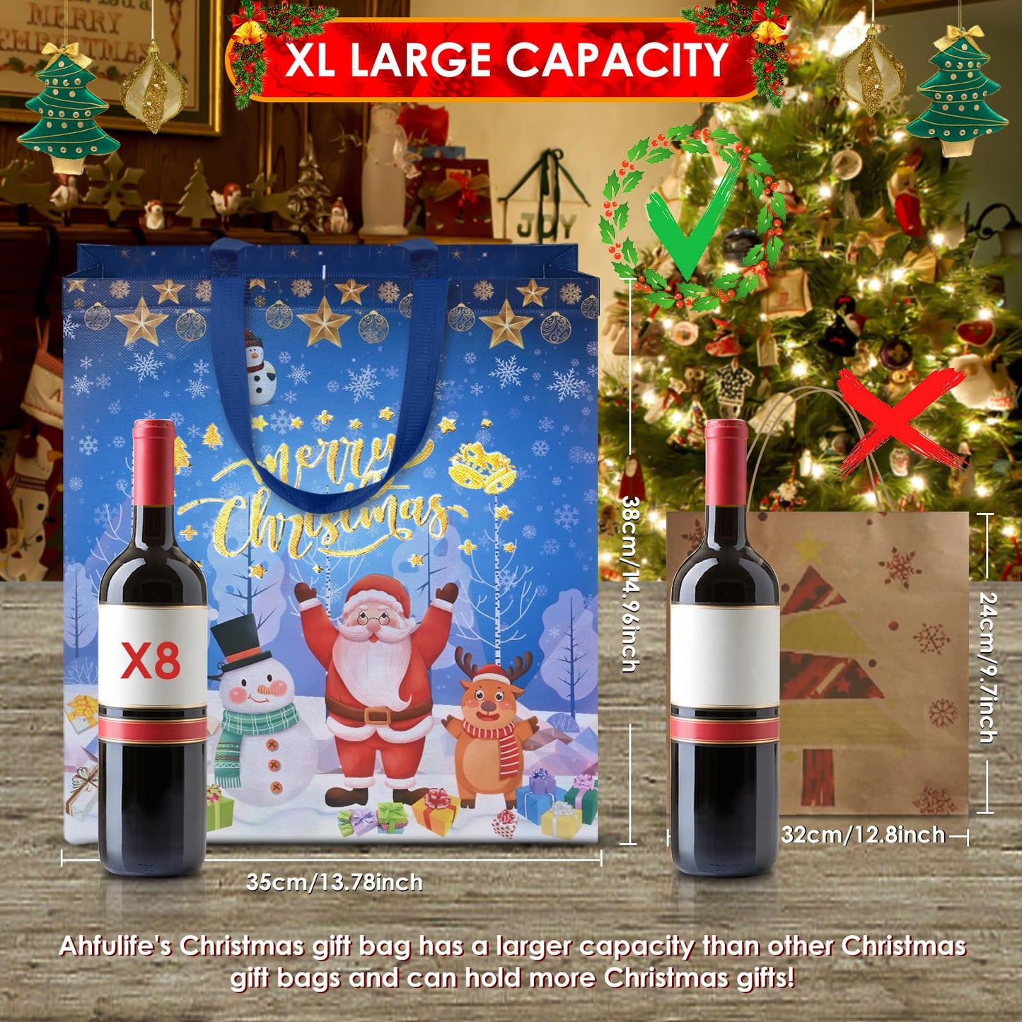 AhfuLife 6PCS Extra Large Christmas Gift Bags, 15''x13.7''x5.9'', Christmas Tote Bags with Handles, Reusable Non-woven Shopping Bag for New Year, Xmas's Party Supplies Decorations