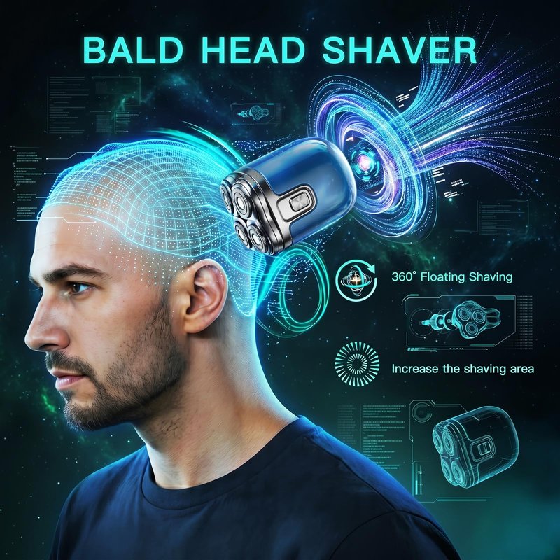 Electric Shaver for Black Men's Bald Head - Curved 4D Rotary Blades Prevent Razor Bumps, IPX6 Waterproof Wet/Dry Trimmer with Fast Charging & LED Display (Matte Blue)