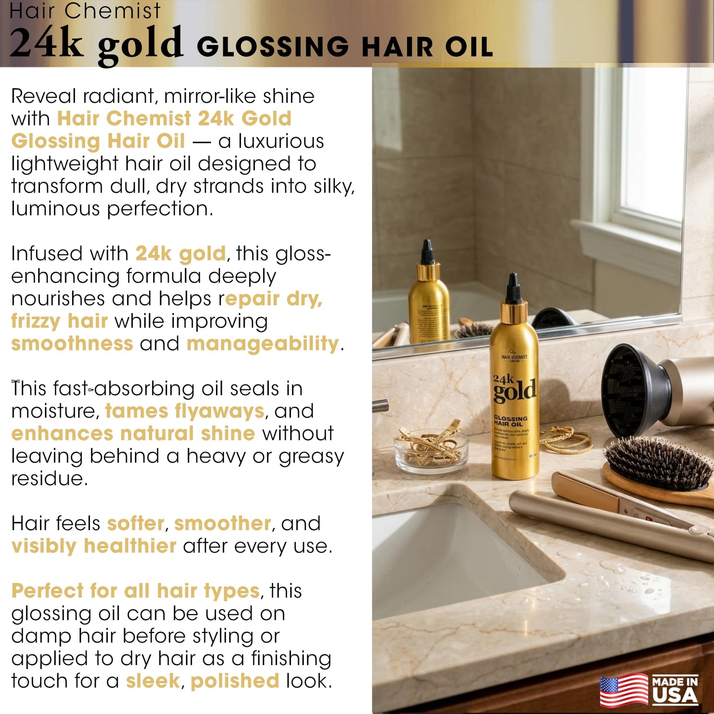 Hair Chemist 24k Gold Glossing Hair Oil 8 Ounce– Lightweight Anti-Frizz Shine Serum for Dry, Damaged Hair – Nourishing & Smoothing Treatment, Non-Greasy, Soft & Silky Finish