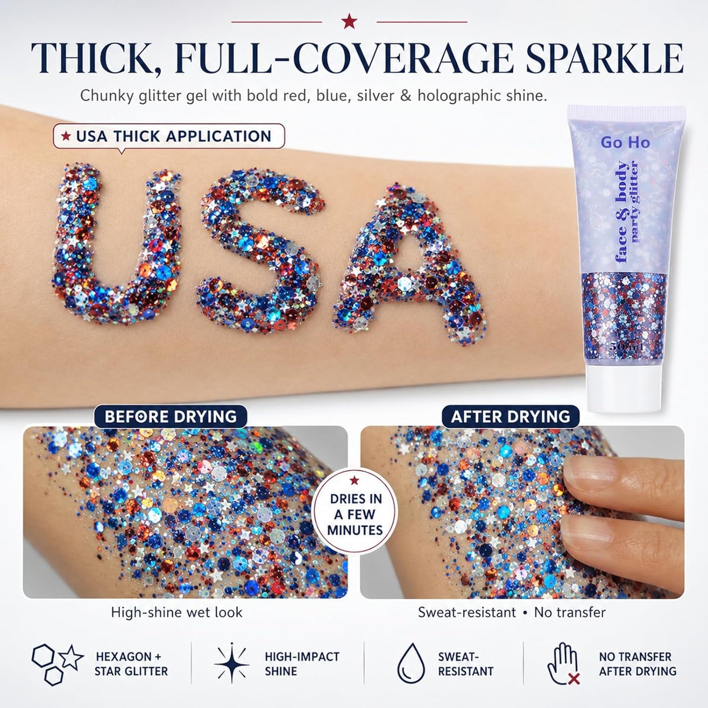 Red White and Blue Body Glitter - Patriotic USA Flag Face & Hair Glitter for 4th of July | Holographic Chunky Sequins