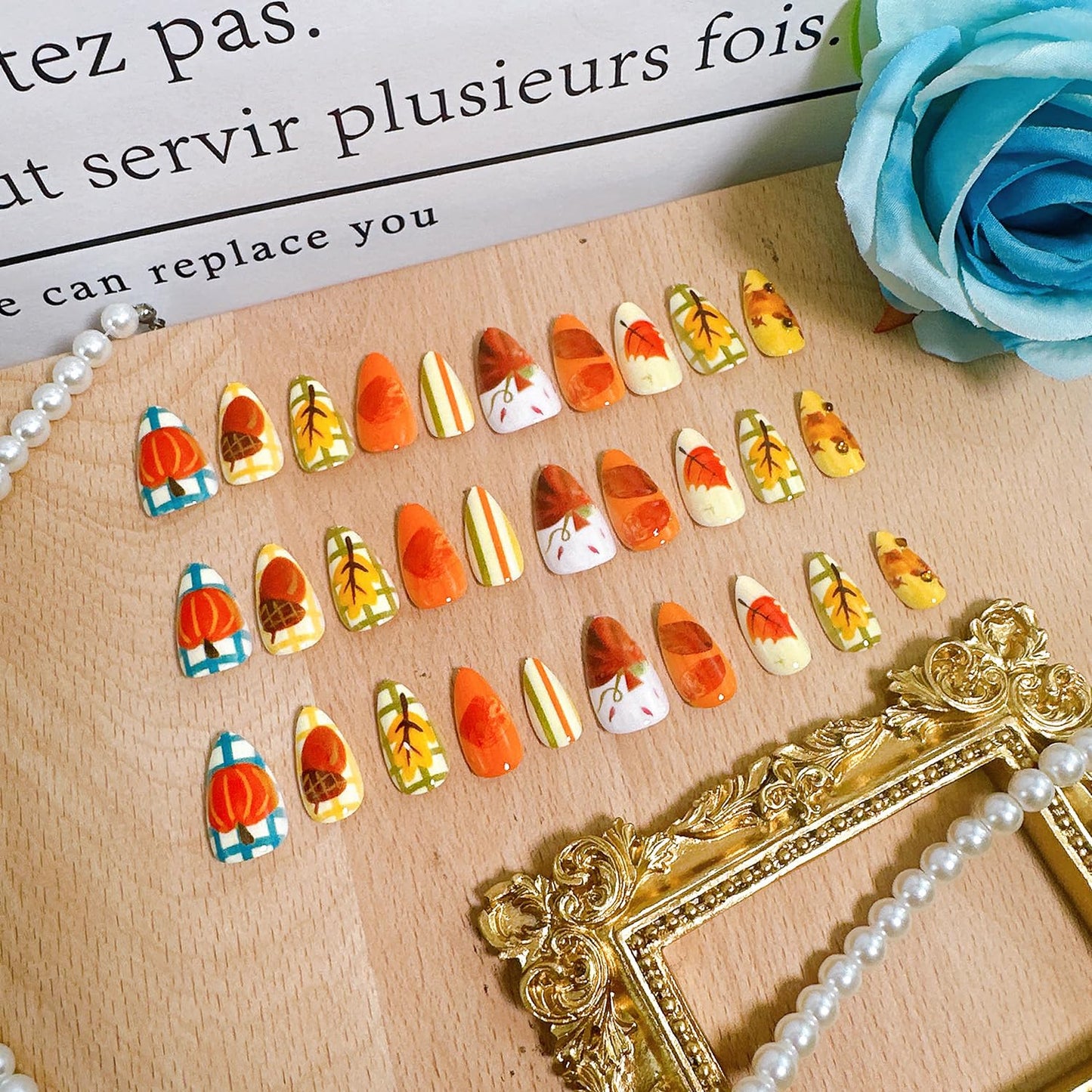 30Pcs Fall Press-On Nails - Short Almond Acrylic Nails with 3D Leaf & Pumpkin Designs | Reusable Thanksgiving Nail Art