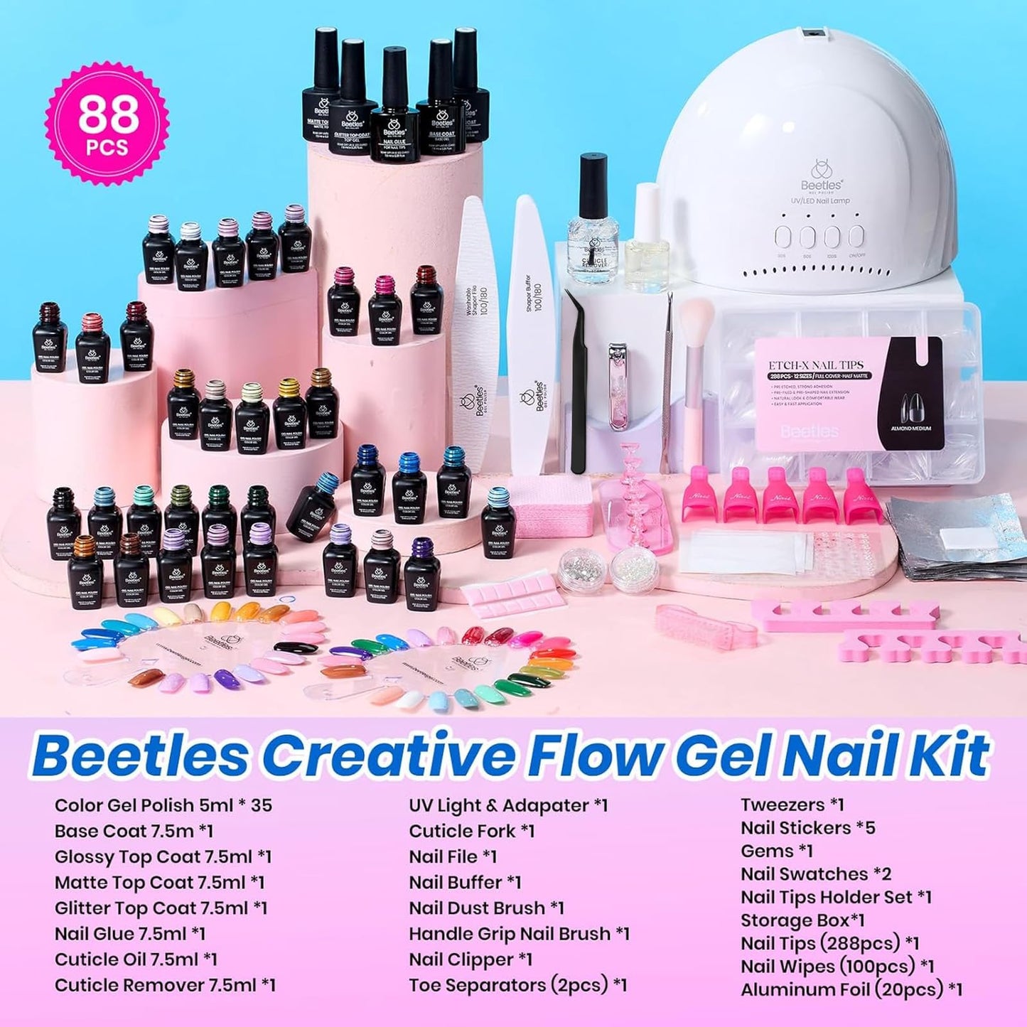 Beetles Deal Box Gel Nail Polish Kit with U V Light - 35 Colors Gel Polish Almond Nail Tips Creative Flow 88 Pcs Nails Kit with TPO&HEMA Free Base Matte/Glossy/Glitter Top Coat DIY Gifts