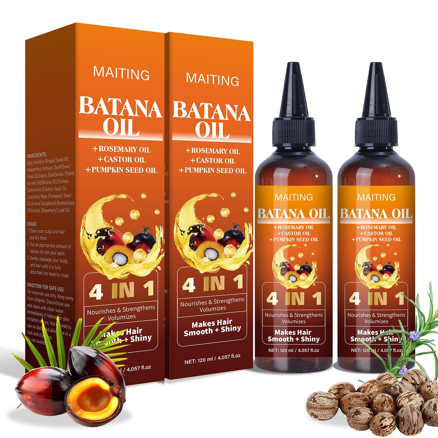 MAITING Batana Oil for Hair Growth, 4-In-1 Batana Oil,Pumpkin Seed,Rosemary, and Castor,Nourishes hair for Men Women 2pcs
