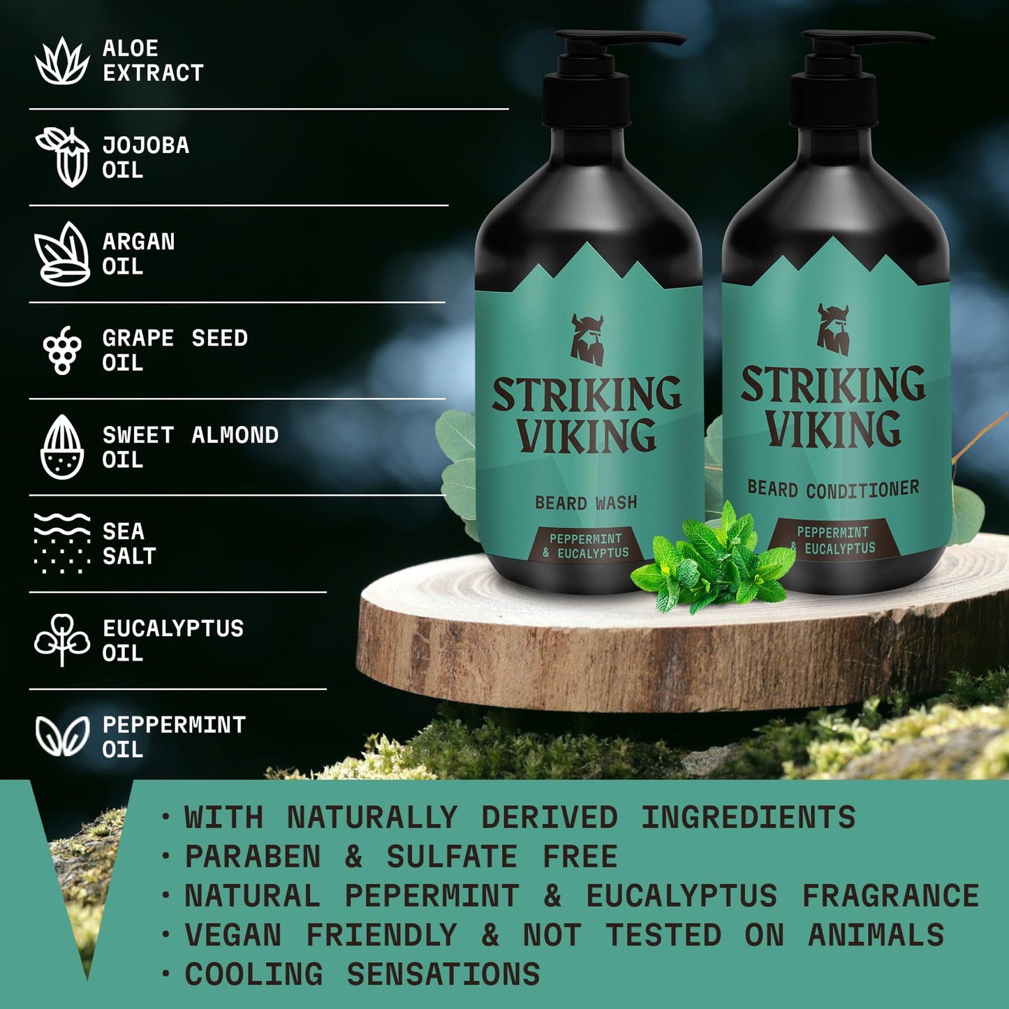 Striking Viking Beard Wash & Conditioner - 20 fl oz, Peppermint & Eucalyptus - Deep Clean & Itch Relief Beard Shampoo and Conditioner for Men - Hydrating Jojoba Facial Oil Treatment