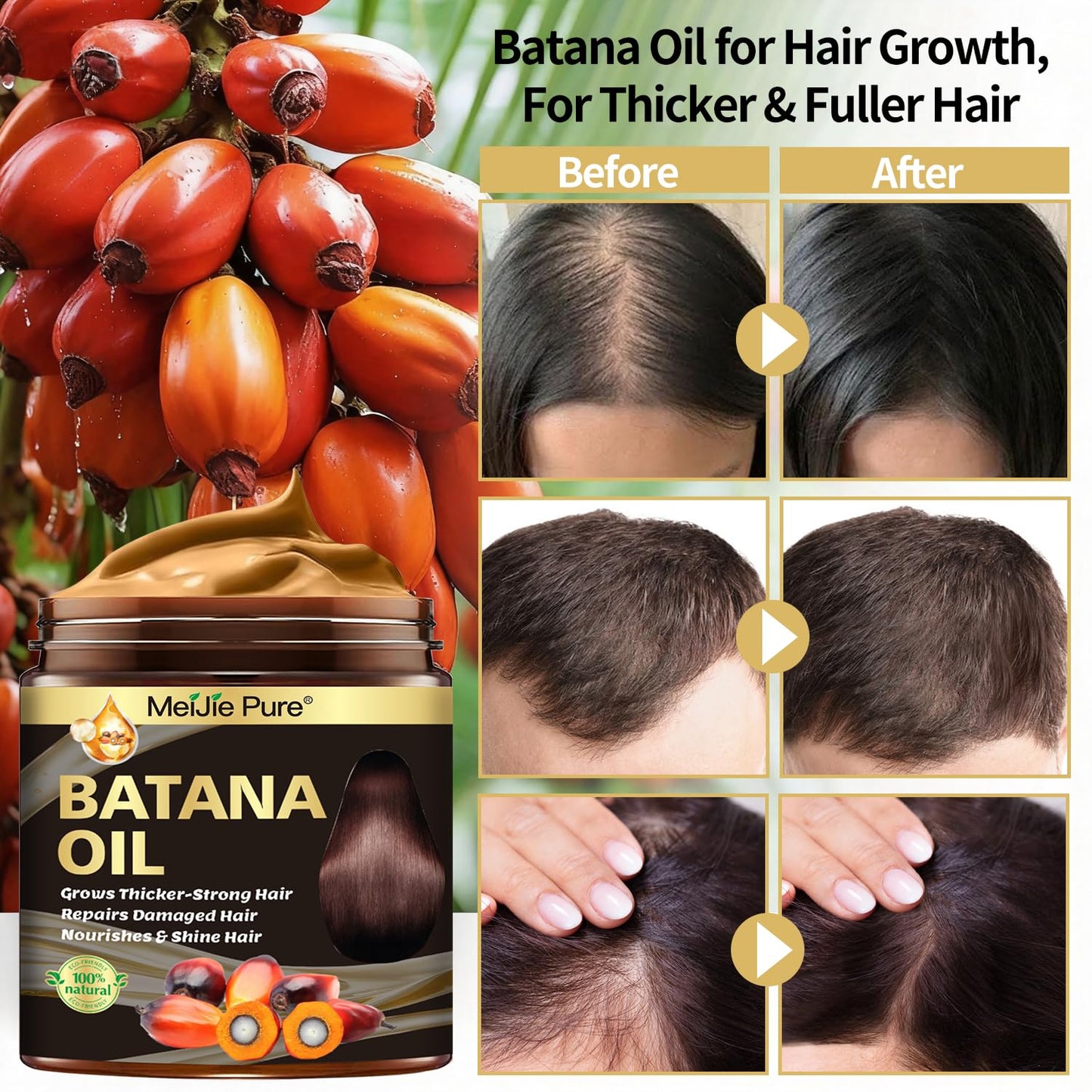 Batana Oil for Hair Growth - 4Pc Set with Hair Mask, Lash Wand & Brow Brush | Promotes Thickness & Prevents Hair Loss