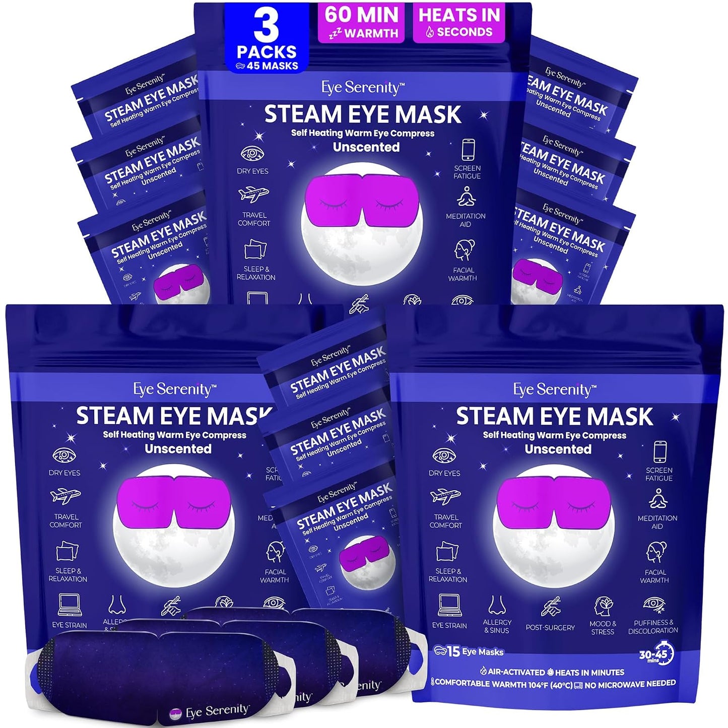 Heated Eye Mask - Eye Serenity Steam Mask for Dry Eyes | Moist Heat Relief for Styes & Puffiness - Lavender