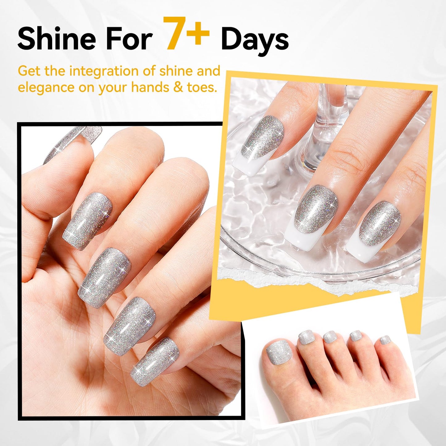 Nailshion Silver Sparkle Nail Polish Castor Oil-Based Glitter Rainbow Sparkly Regular Nail Polish, Fast Air Dry Steak-free Nail Lacquer Vegan Toe Fingernail Polish Nails Art DIY Home