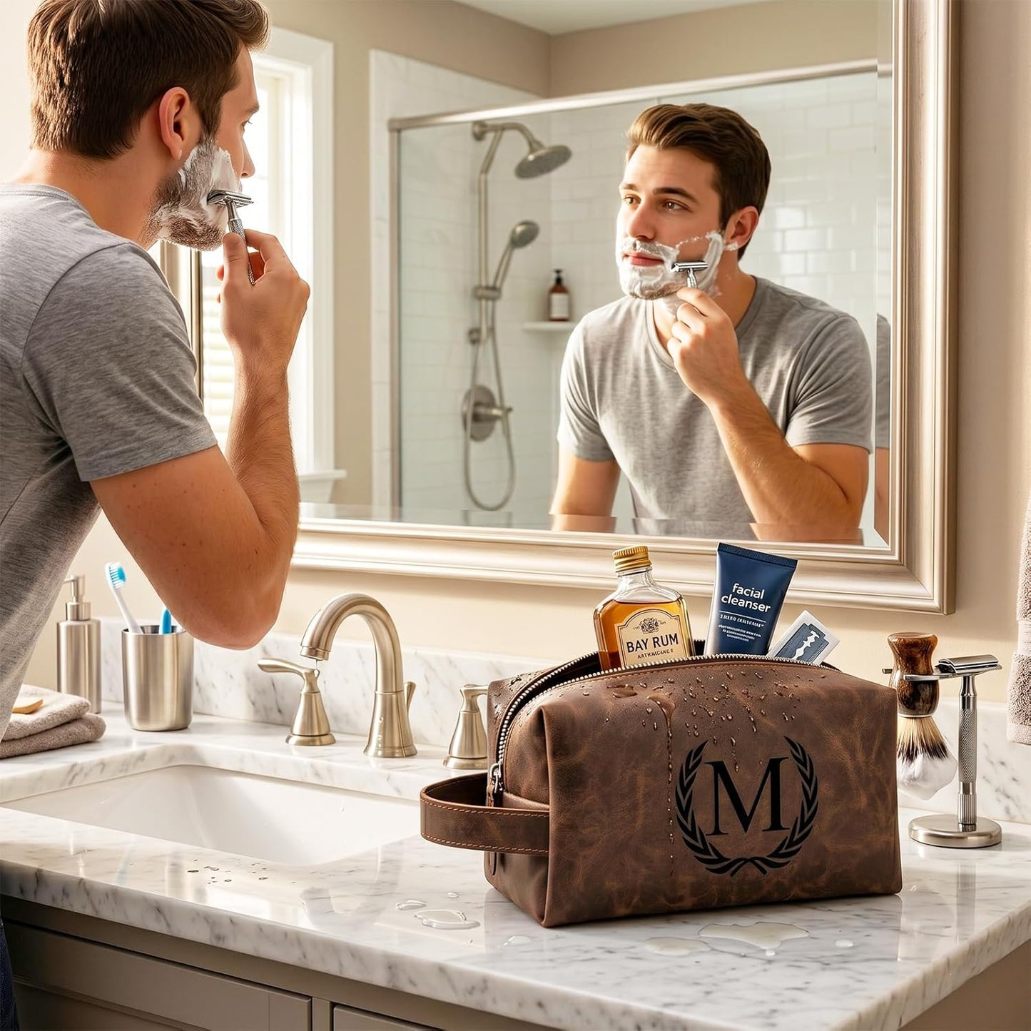 Personalized Leather Toiletry Bag for Men | Engraved Initial Waterproof Travel Bag - Dark Brown