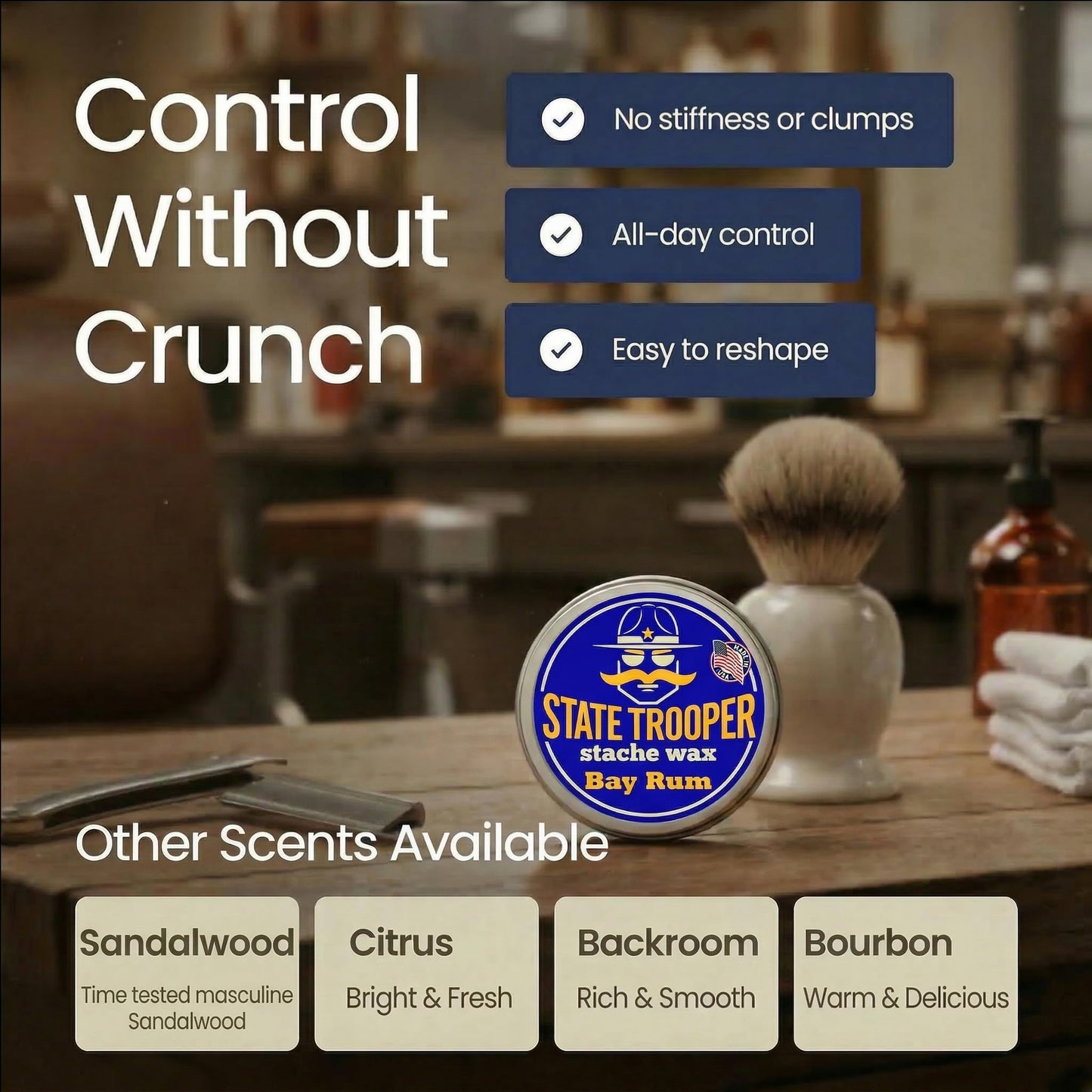 State Trooper Bay Rum - Medium Hold Mustache Wax with Beeswax, Coconut Oil & Lanolin – Natural Moustache Grooming & Styling - Nourishing Moustache Conditioner & Sculpting - 1 Ounce Tin