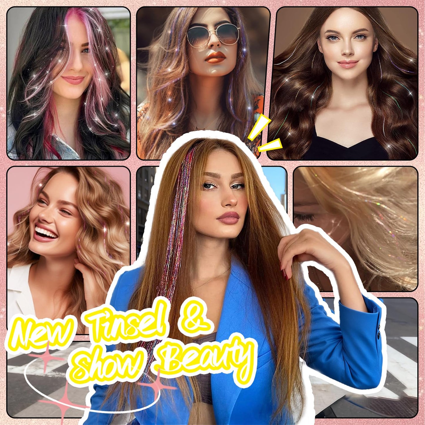 Hair Tinsel Clip-In Extensions - 12 Pcs 24 Inch Silver Glitter Strands for Girls & Women | Perfect for Christmas & Festivals