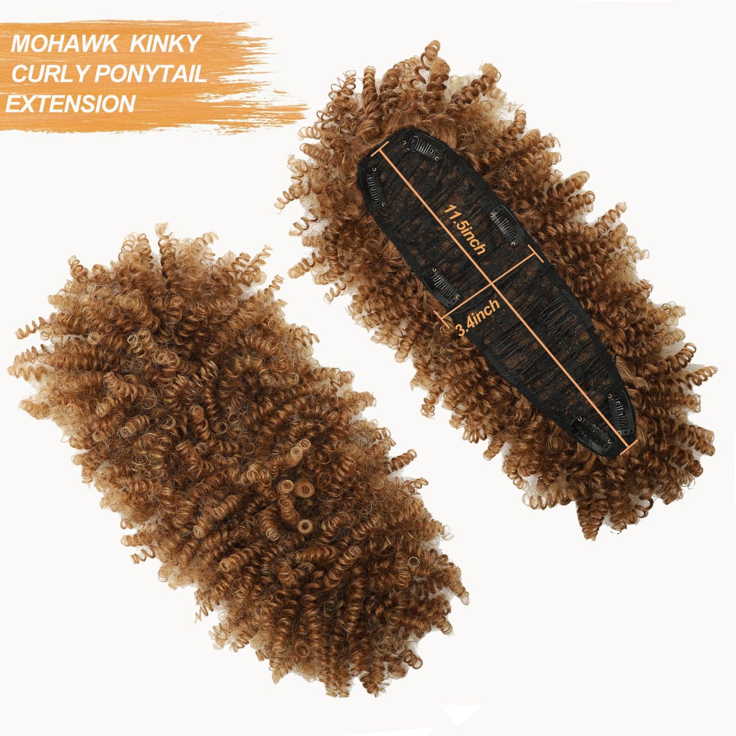 Jadeadyseg Mohawk Wig Kinky Curly Brown Ponytail Extension with Bangs,Short Curly Synthetic Clip in Mohawk Ponytail Extension with Six Clips and Two Combs Fluffy Hair for Daily Party Use 4/630