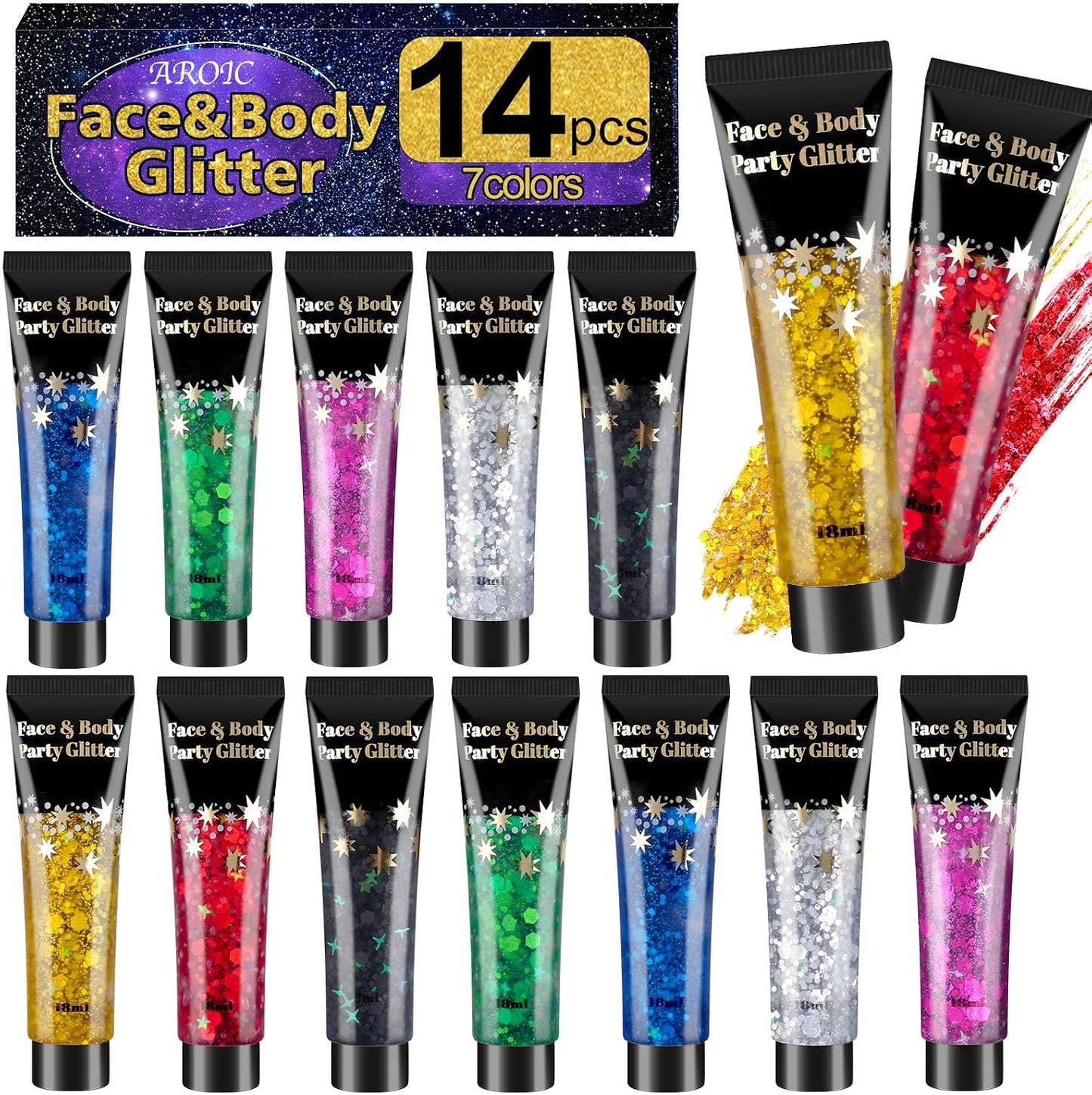 AROIC Body Glitter Gel Set - 14 Vibrant Colors for 4th of July & Festivals | Eye & Hair Shimmer Makeup - 18ml Tube