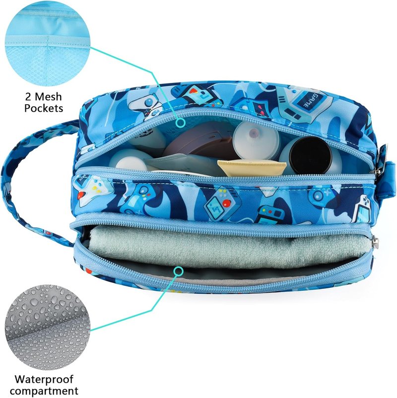 Kids Toiletry Bag - Waterproof Hanging Travel Wash Bag for Boys | Camo Blue Design