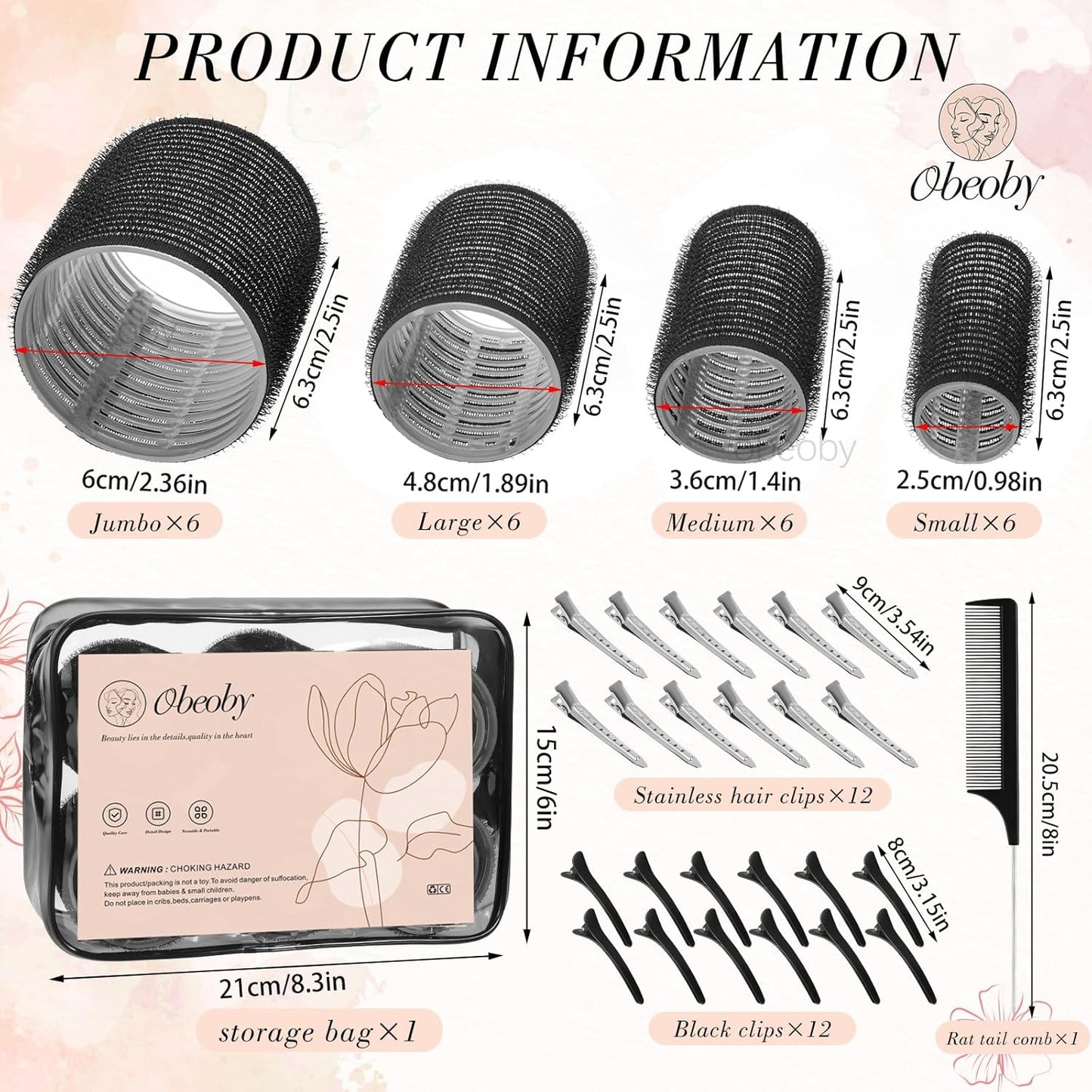 Self-Grip Hair Rollers Set - 50 Pcs Jumbo Curlers for Long & Short Hair | Includes Clips, Black (25mm-60mm)