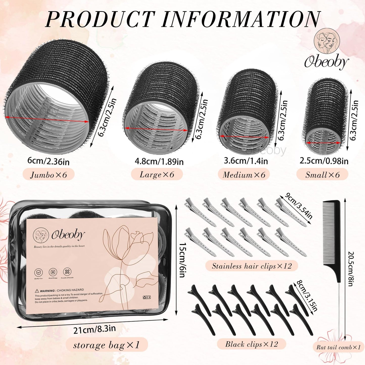 4 Sizes Self-Grip Hair Rollers Set - 50 Pcs Jumbo Curlers for Long, Short Hair and Bangs (25mm, 36mm, 48mm, 60mm) With Clips, Black