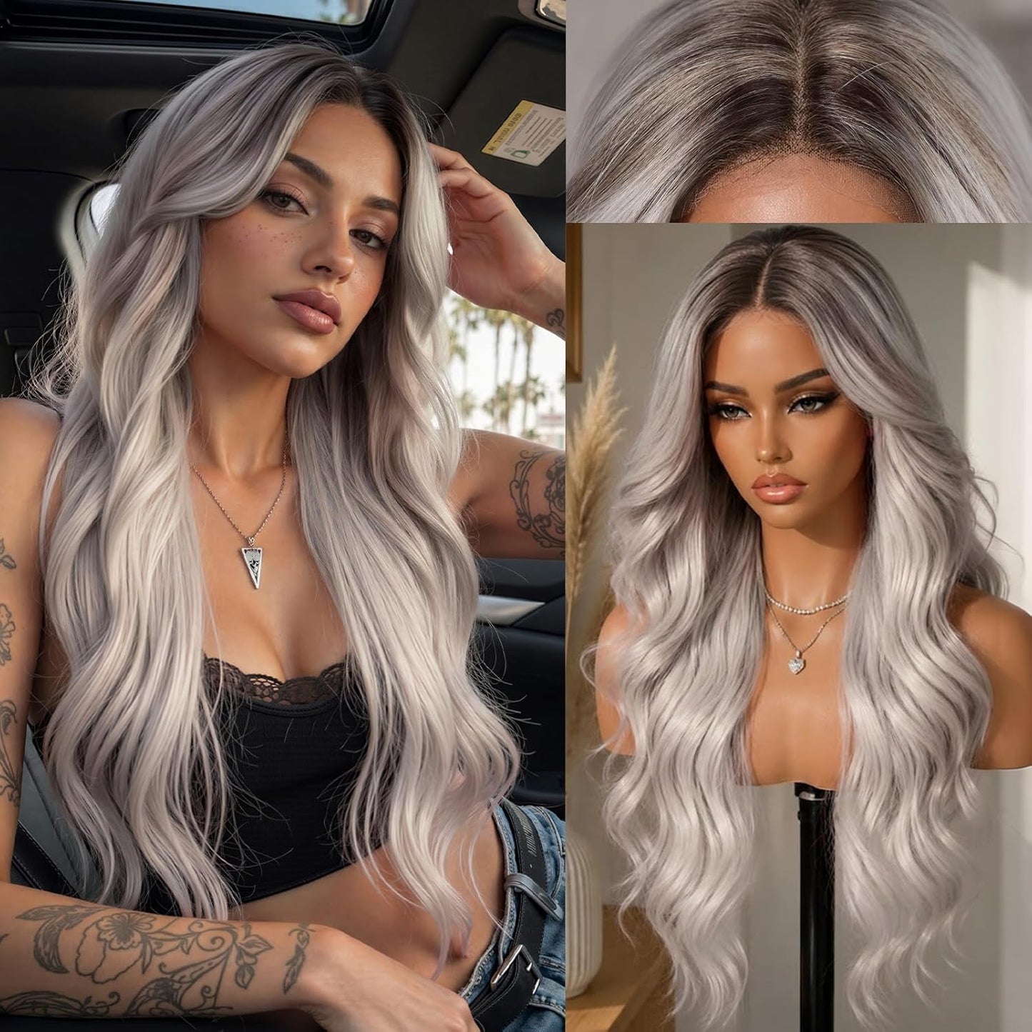 KOME Ash Brown Synthetic Lace Front Wig - T Part Glueless Long Body Wavy Style | 28 Inch with Bangs for Women